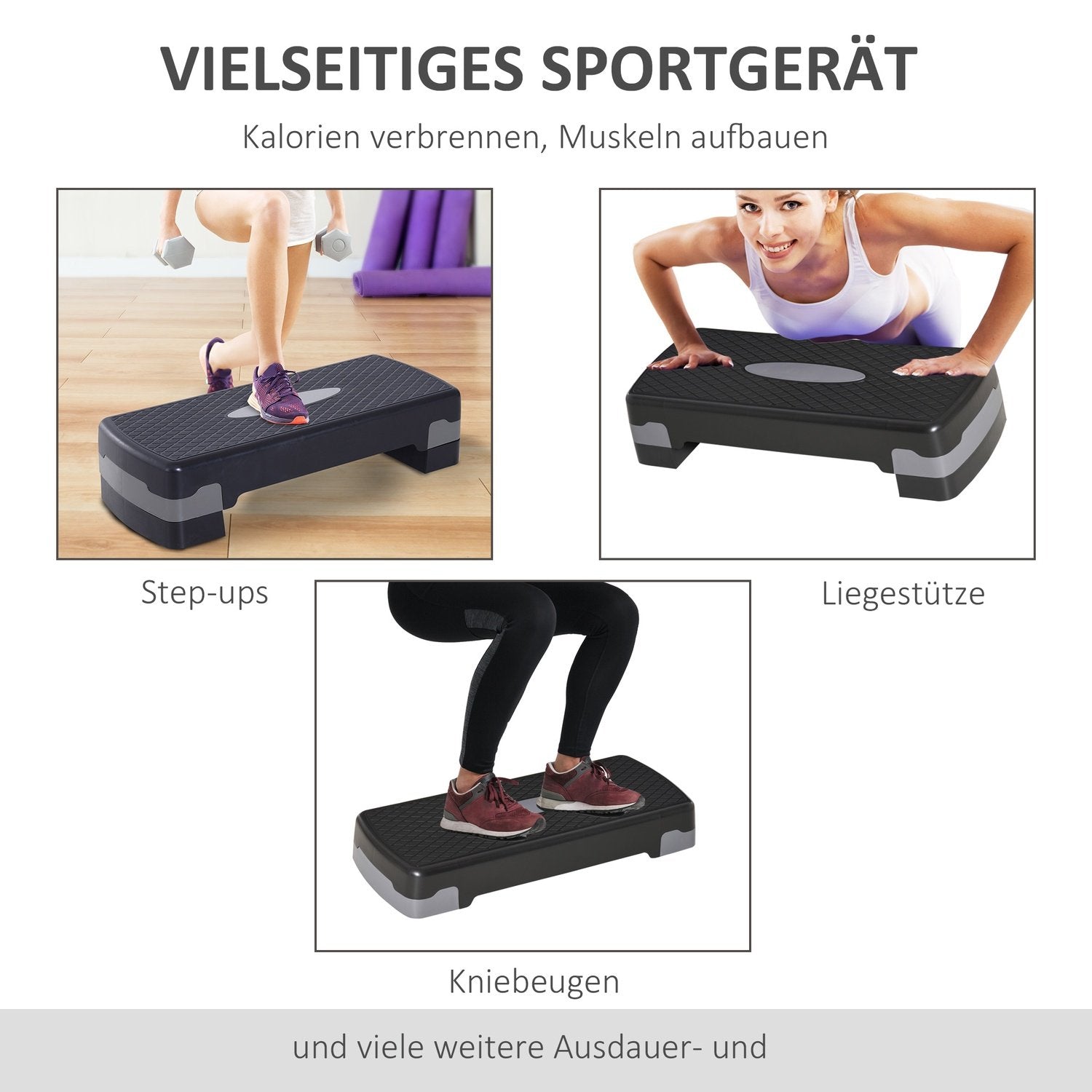 Stepping Board Aerobic Fitness 2-nivå høydejusterbar (10/15 cm), treningssykkel stepper, svart+grå, 68X29X15Cm