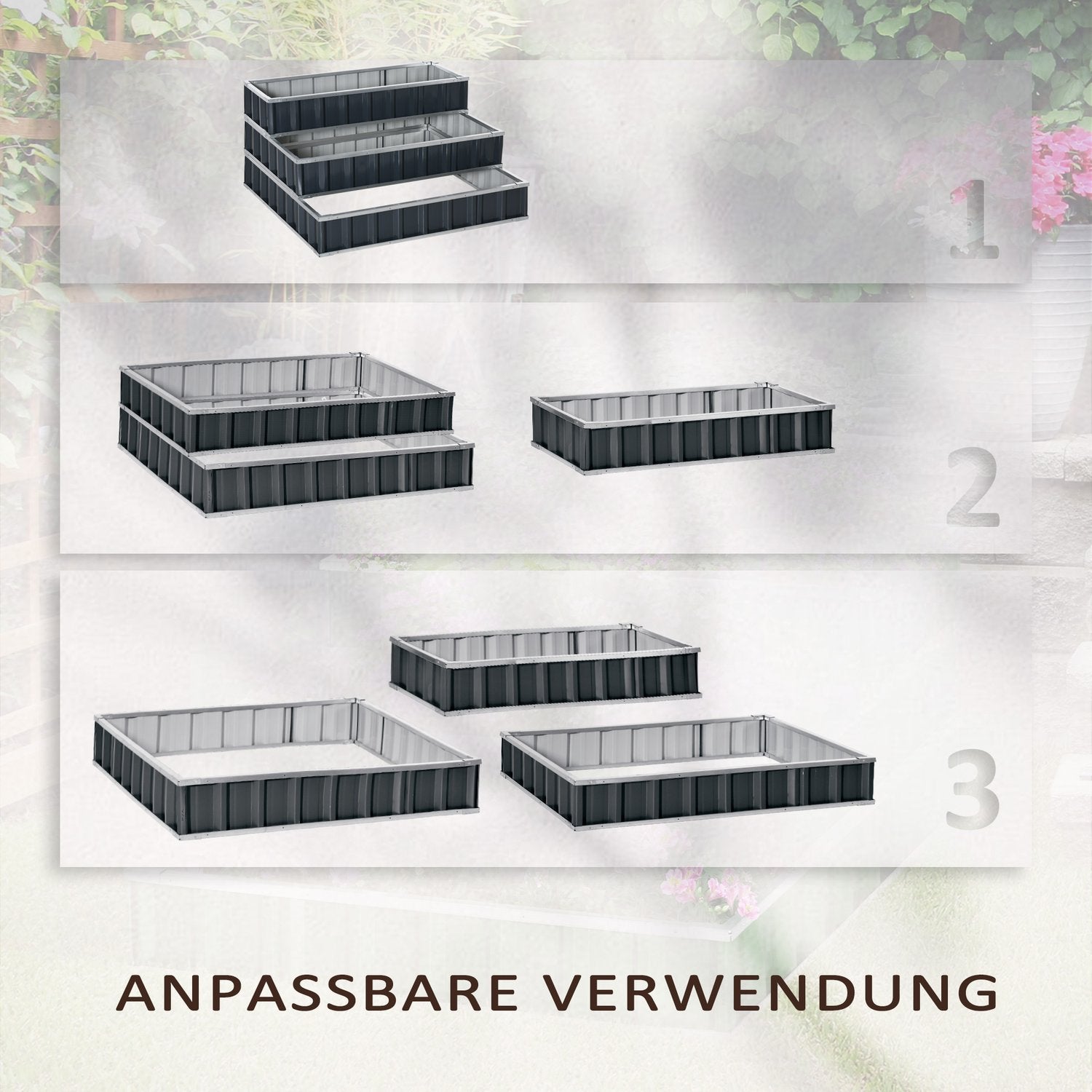 Stål 3-vånings upphöjd trädgårdssäng, T-skyltar och handskar, mörkgrå