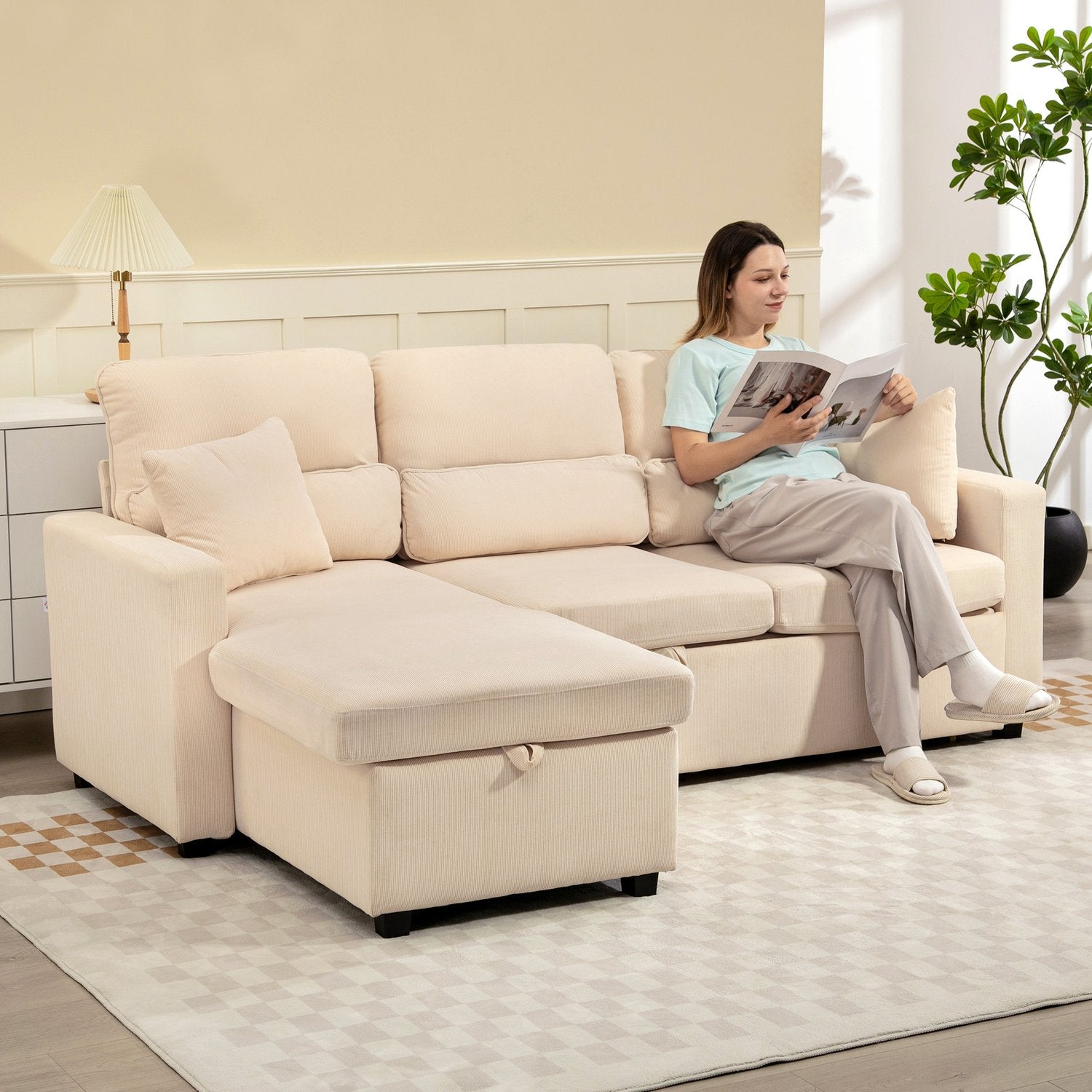Ställbar L-formad bäddsoffa med förvaring, beige
