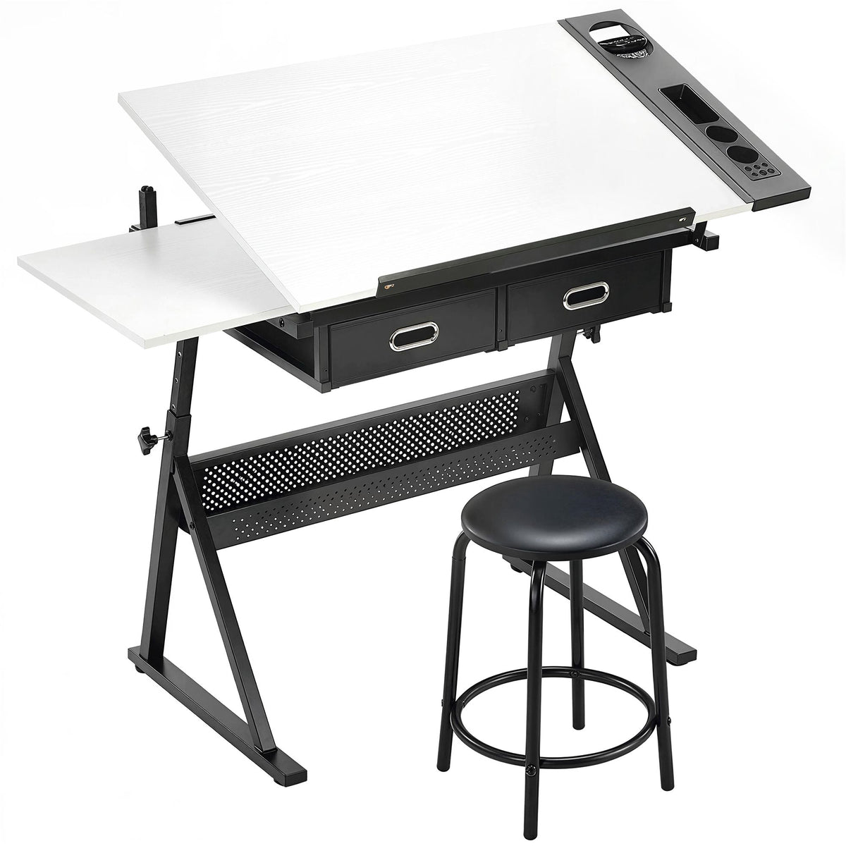 Justerbart tegnebord med krakk og oppbevaring, hvitt