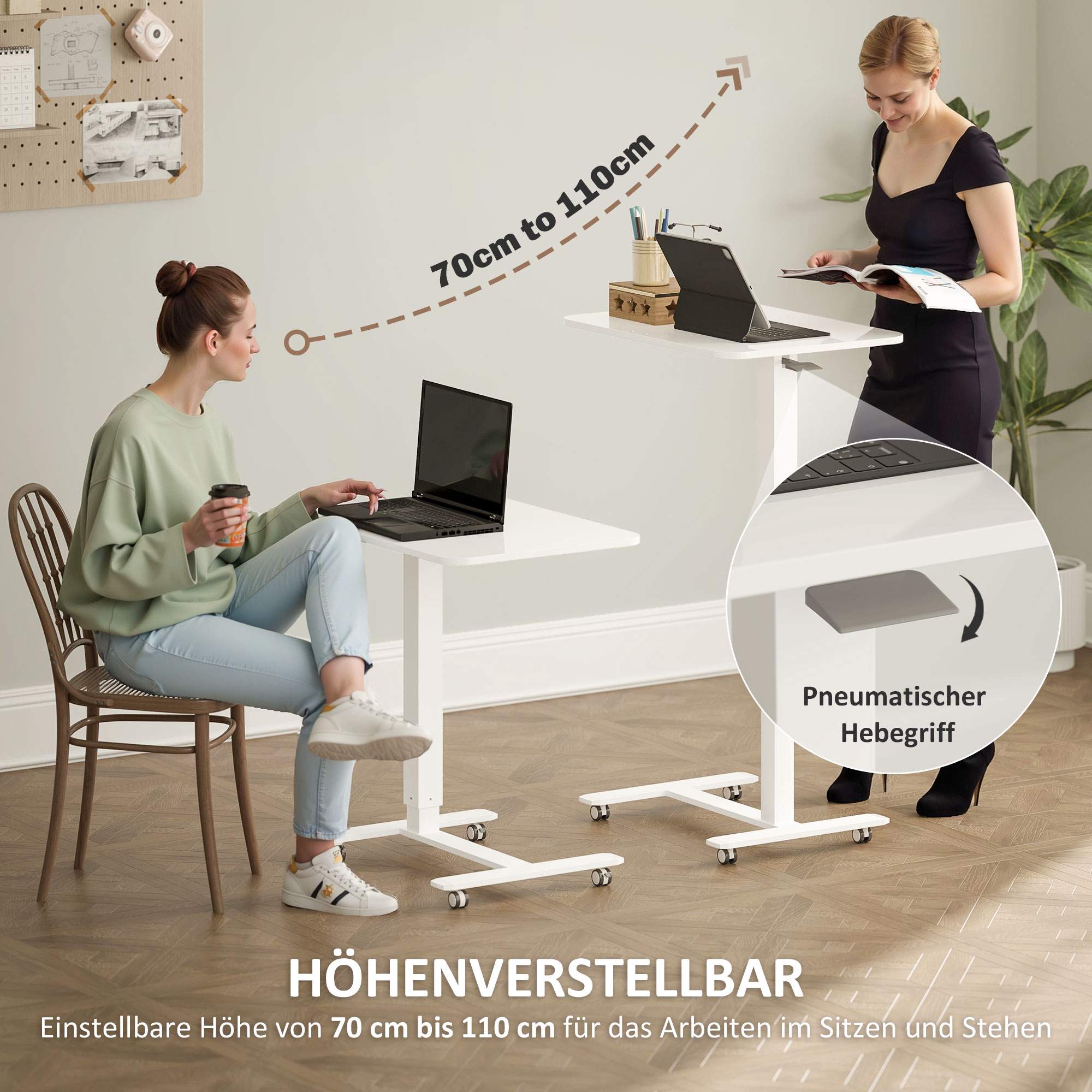 Ställbart skrivbord med hjul, 65x48 cm, vit