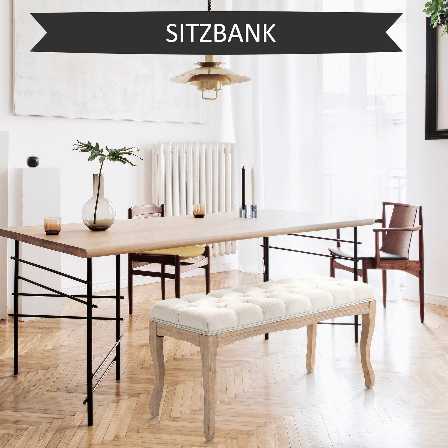 Beige stoppad gummiträbänk – vintagestil, 110x40x48Cm