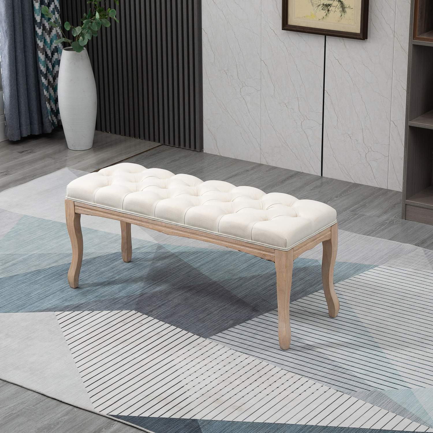 Beige stoppad gummiträbänk – vintagestil, 110x40x48Cm