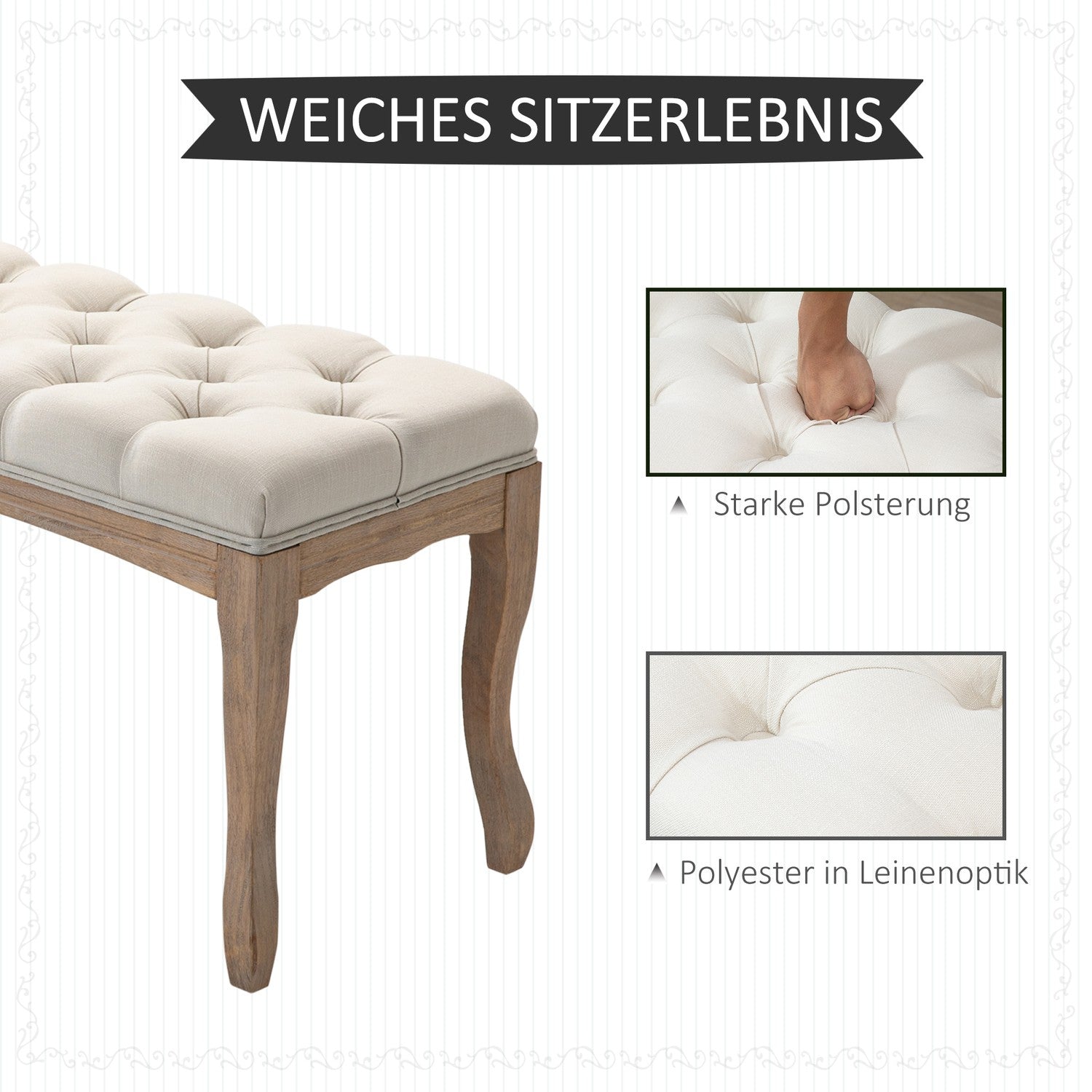 Beige stoppad gummiträbänk – vintagestil, 110x40x48Cm