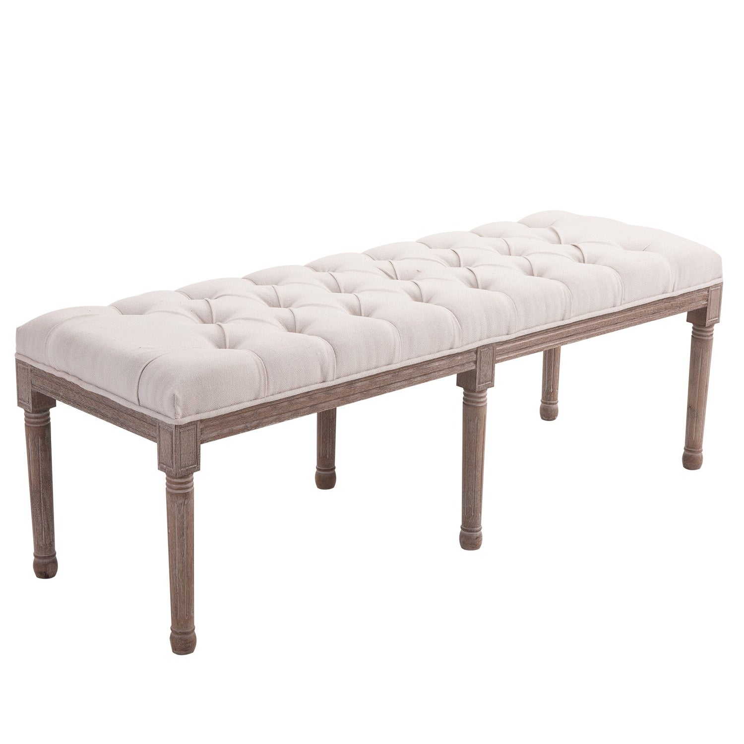 Vintage beige stoppad bänk, linne & trä, 142cm