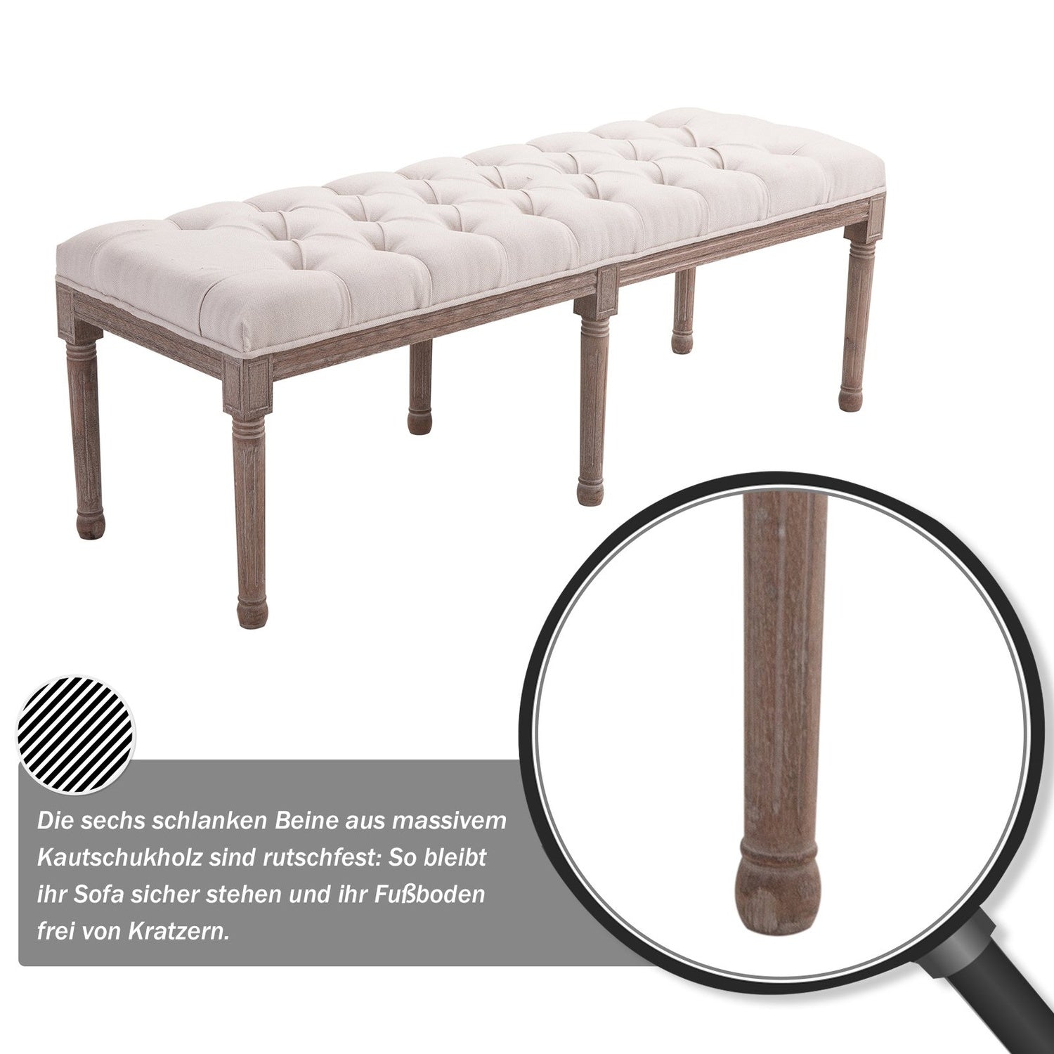 Vintage beige stoppad bänk, linne & trä, 142cm