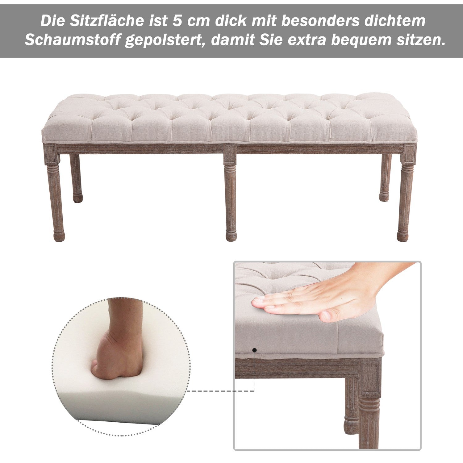 Vintage beige stoppad bänk, linne & trä, 142cm