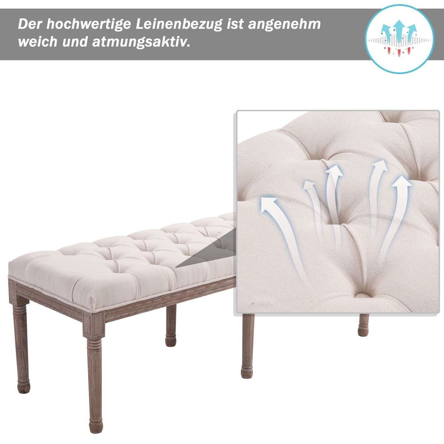 Vintage beige stoppad bänk, linne & trä, 142cm