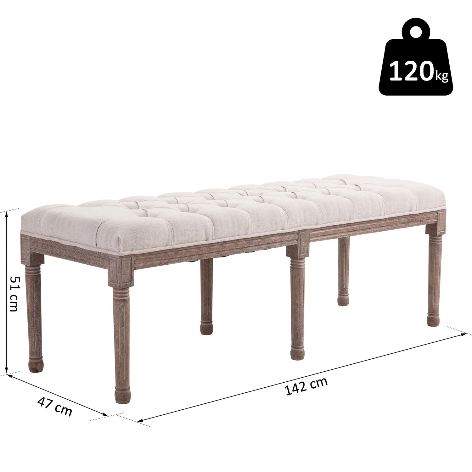 Vintage beige stoppad bänk, linne & trä, 142cm