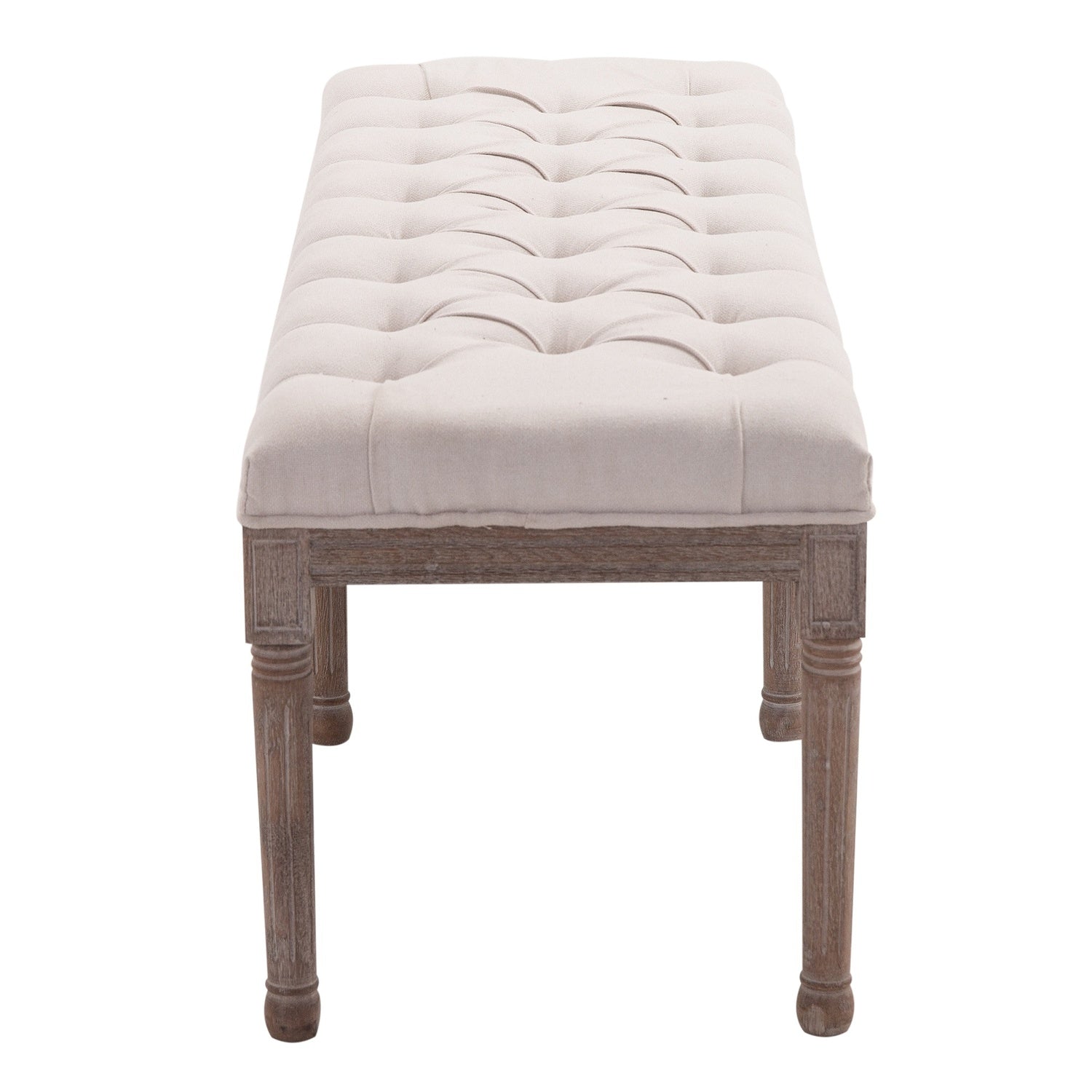 Vintage beige stoppad bänk, linne & trä, 142cm