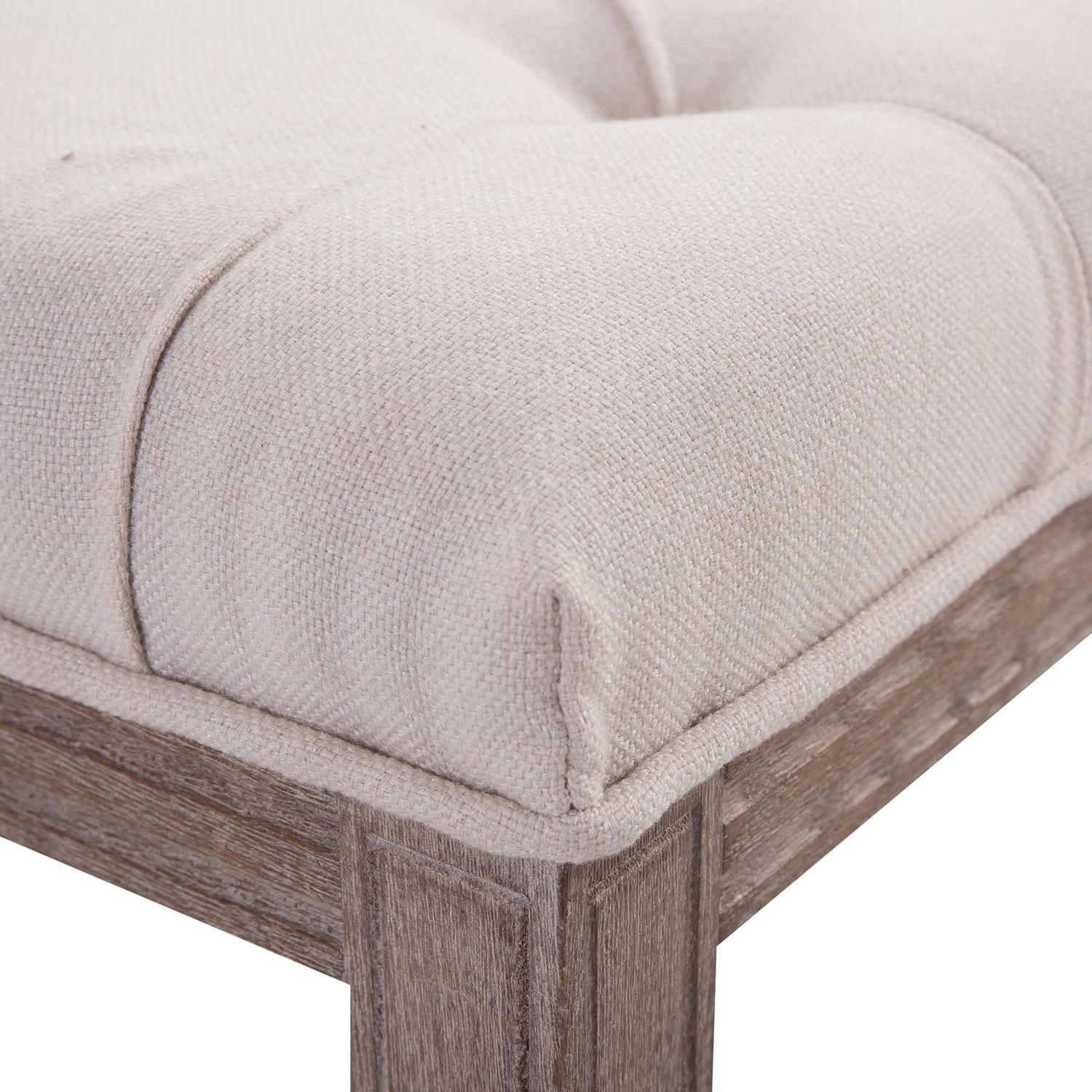 Vintage beige stoppad bänk, linne & trä, 142cm