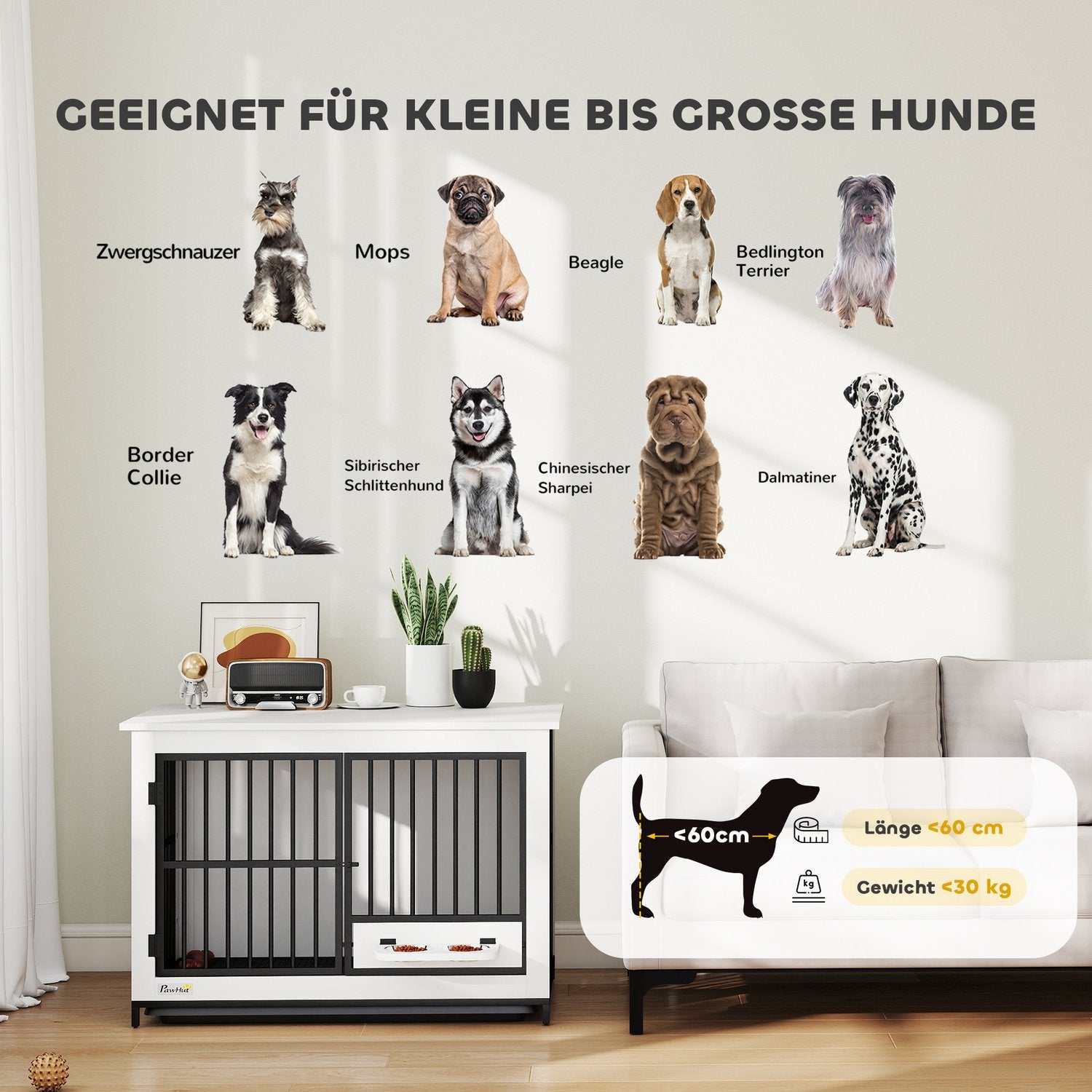 Stor hundbur, låsbar, enkel åtkomst, vridbar skålhållare