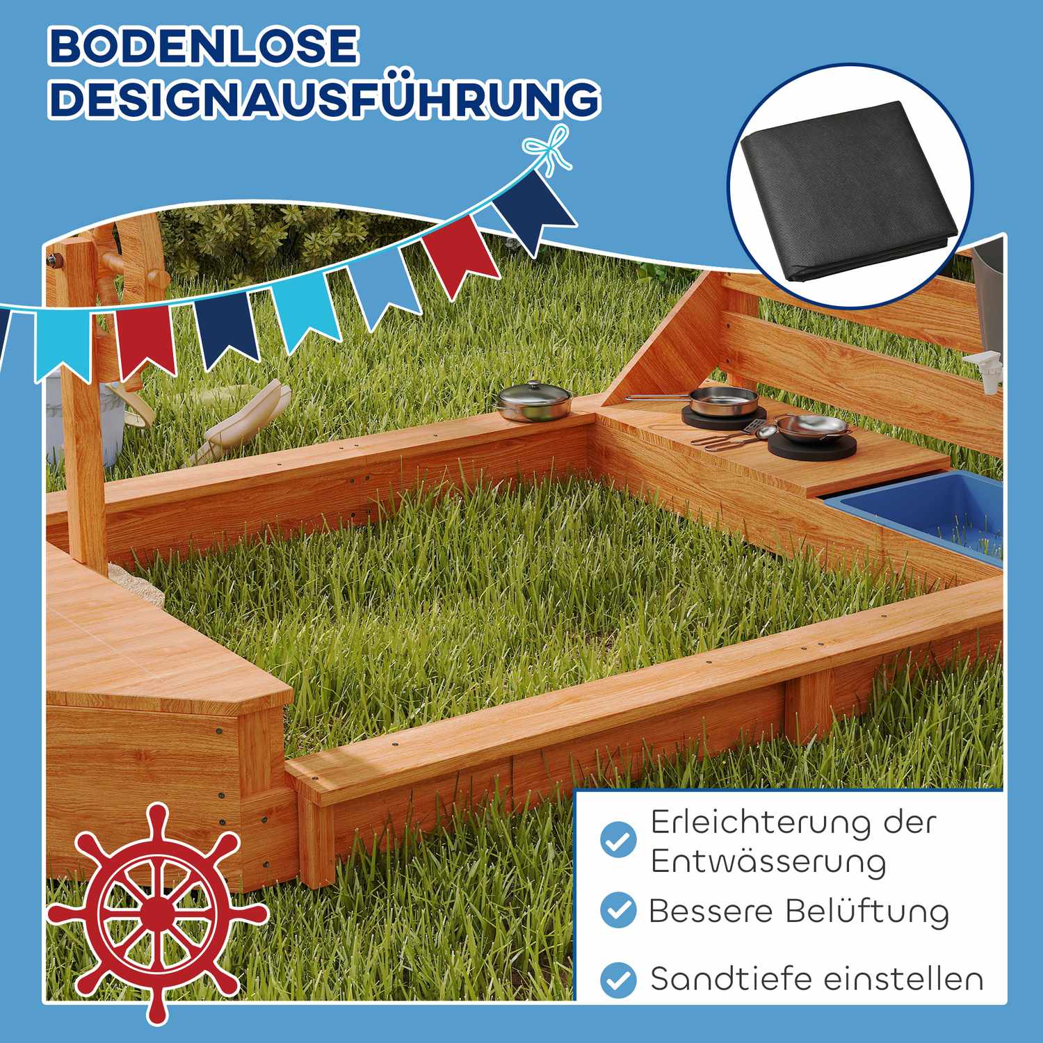 Stor sandlåda i trä med lock och lekkök