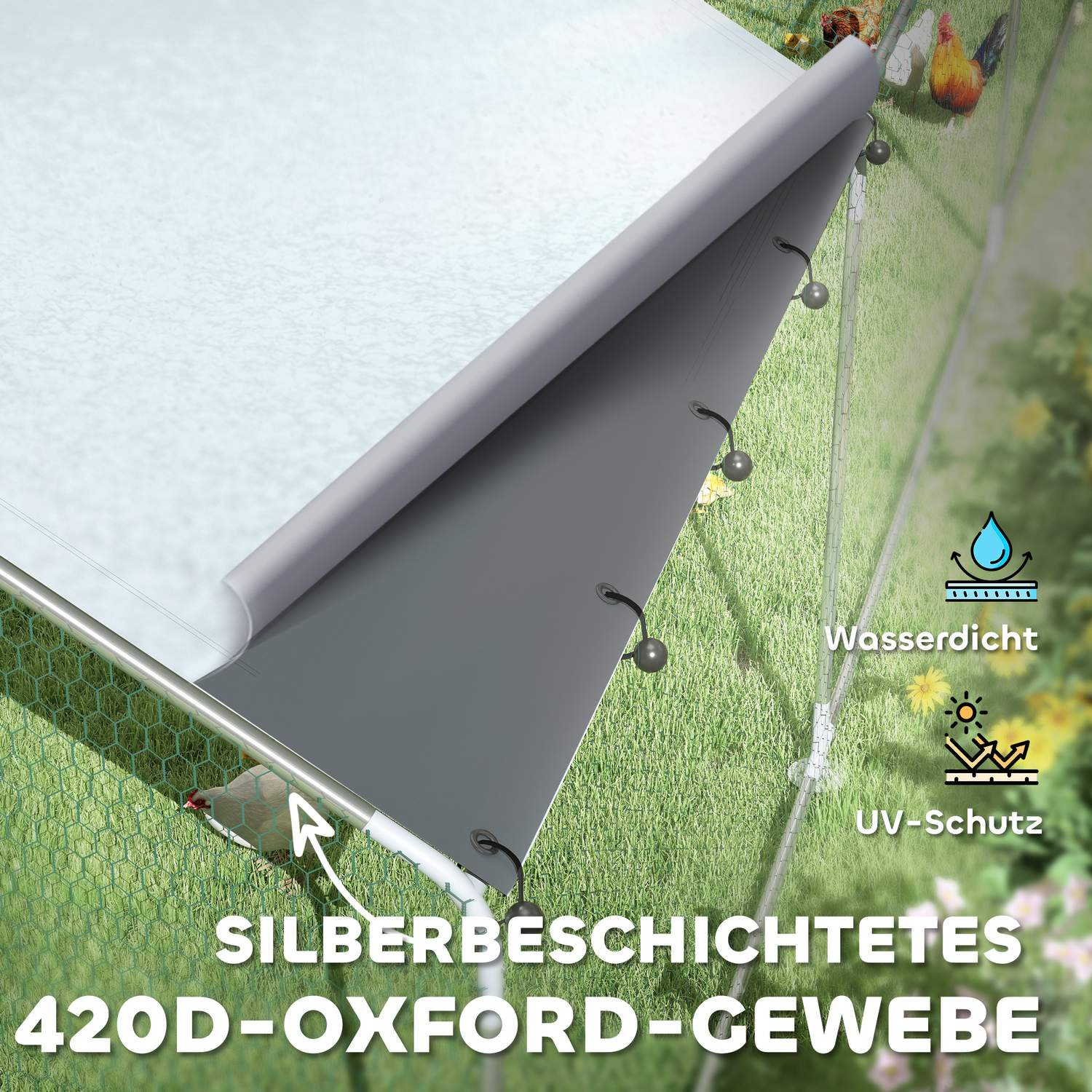 Stort hönshus i stål med UV-skydd och matardörr