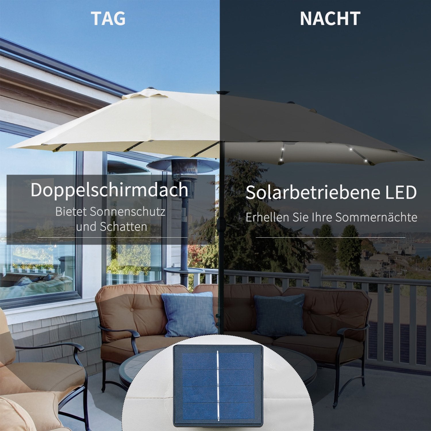 Stort ovalt trädgårdsparasoll – 440x260cm, LED, Krämvit