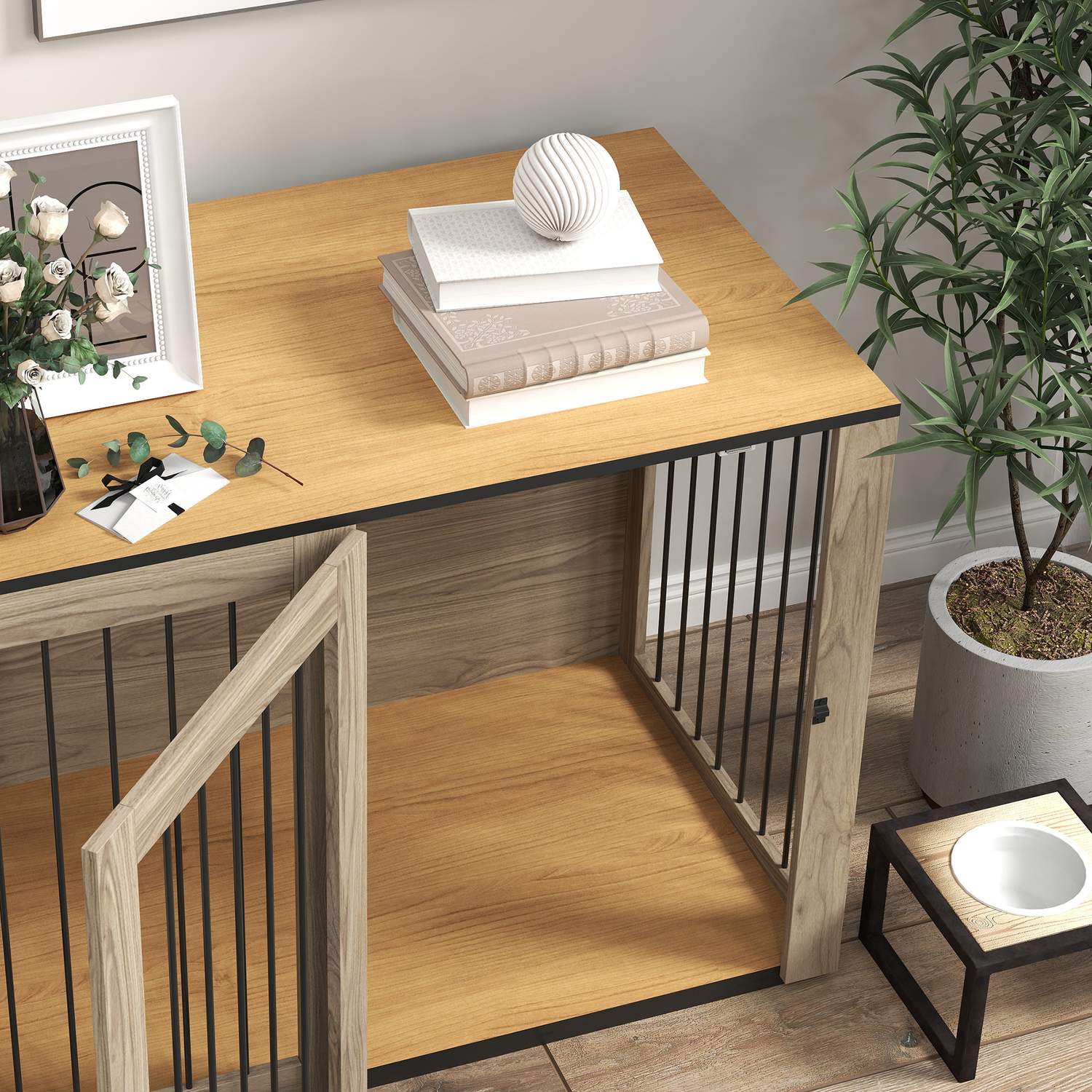 Stort sidobord för hundbur, stål & trä, 106 x 60 x 76 cm