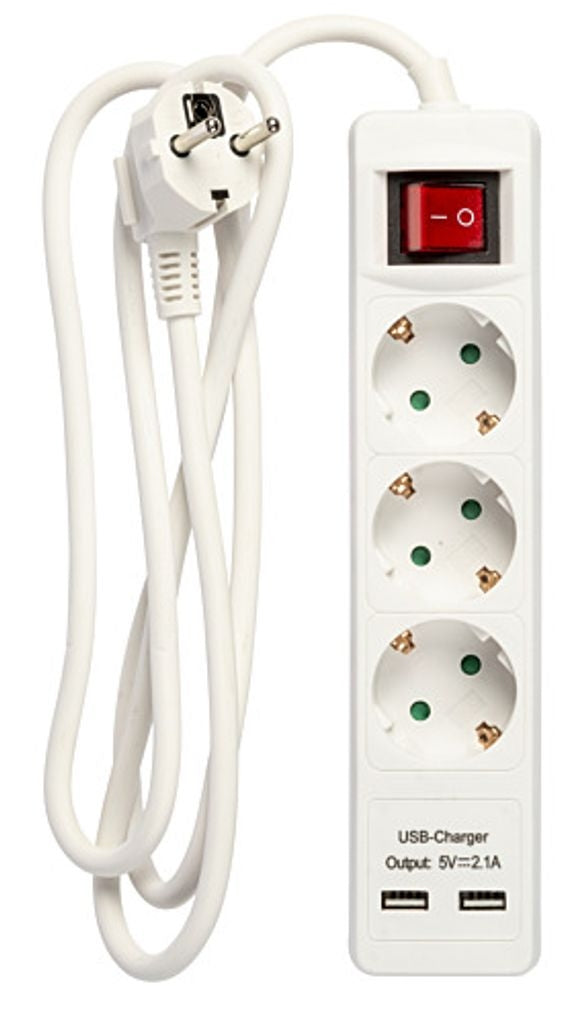 Strömuttag 3-vägskontakt med 2x USB, 1,5m