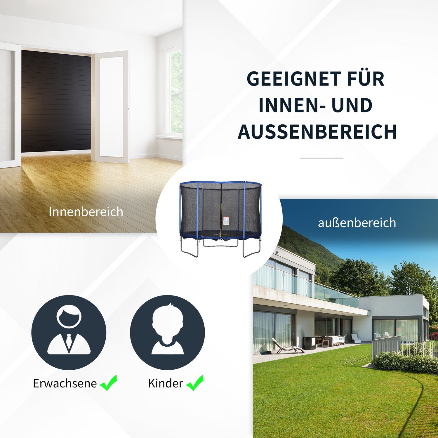 Fitnessstudsmatta med skyddsnät, blå/svart, Ø305 cm