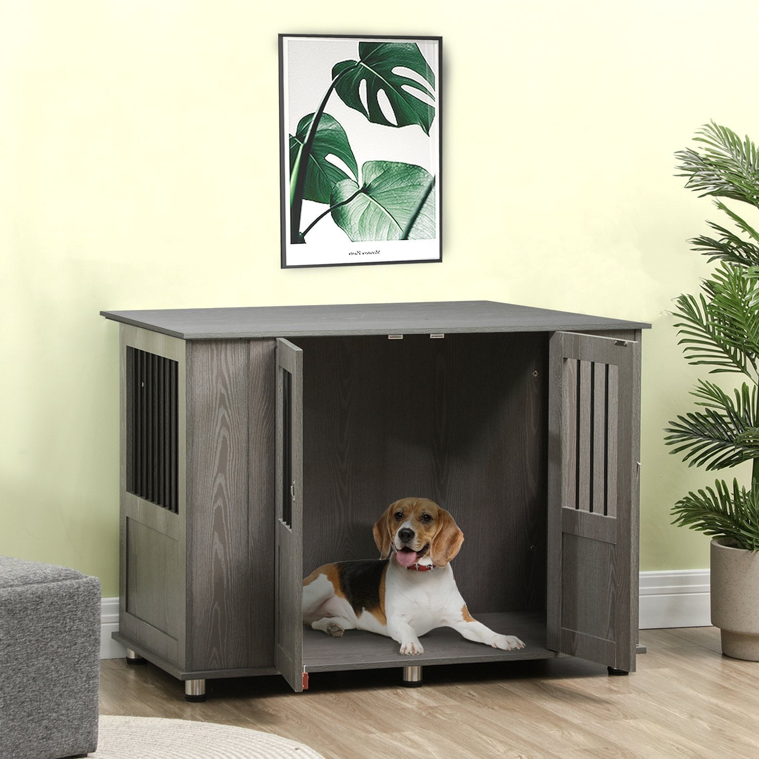 Hundbur För Hem, Husdjursbur, Inomhus Hundkennel Med Lås, Magnetdörr, Hundhus Med Fönster, Hundlåda För Extra Stora Hundar, Grå, 116 X 60 X 87 Cm