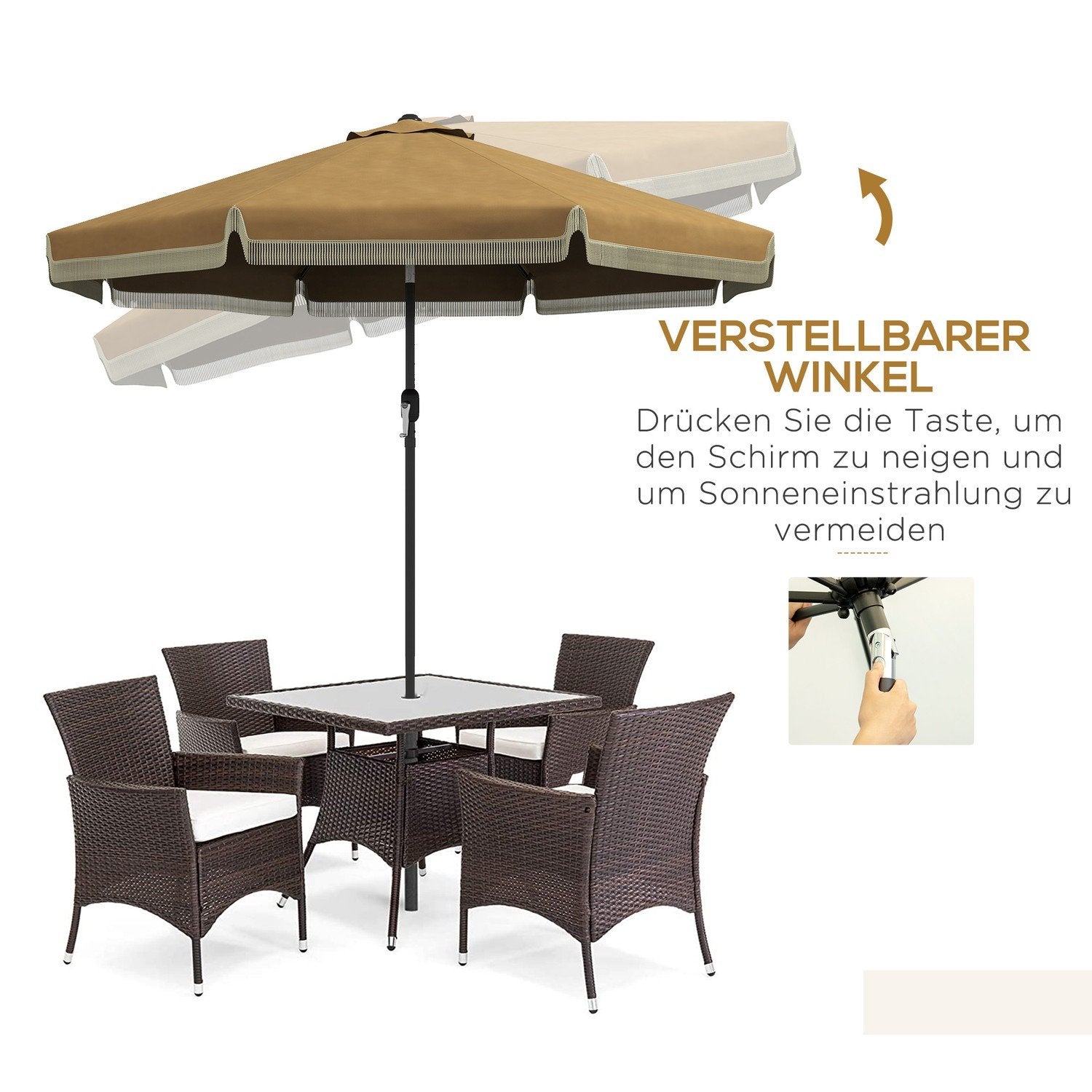 Parasoll Diameter 265 Cm Patio Paraply Med Frynser Vippe Strand Parasoll Med 8 Ribber For Hage Balkong Khaki