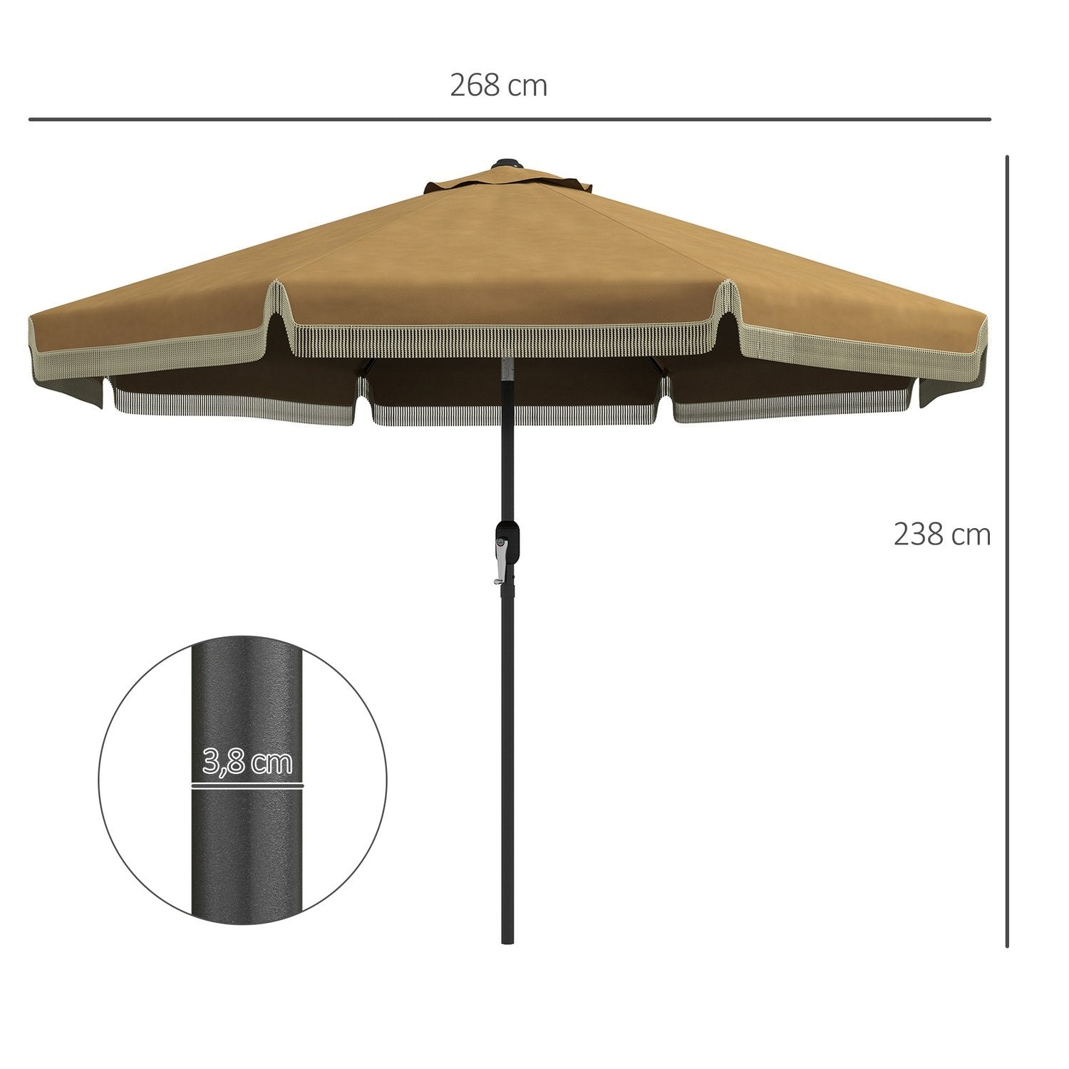 Parasoll Diameter 265 Cm Patio Paraply Med Frynser Vippe Strand Parasoll Med 8 Ribber For Hage Balkong Khaki