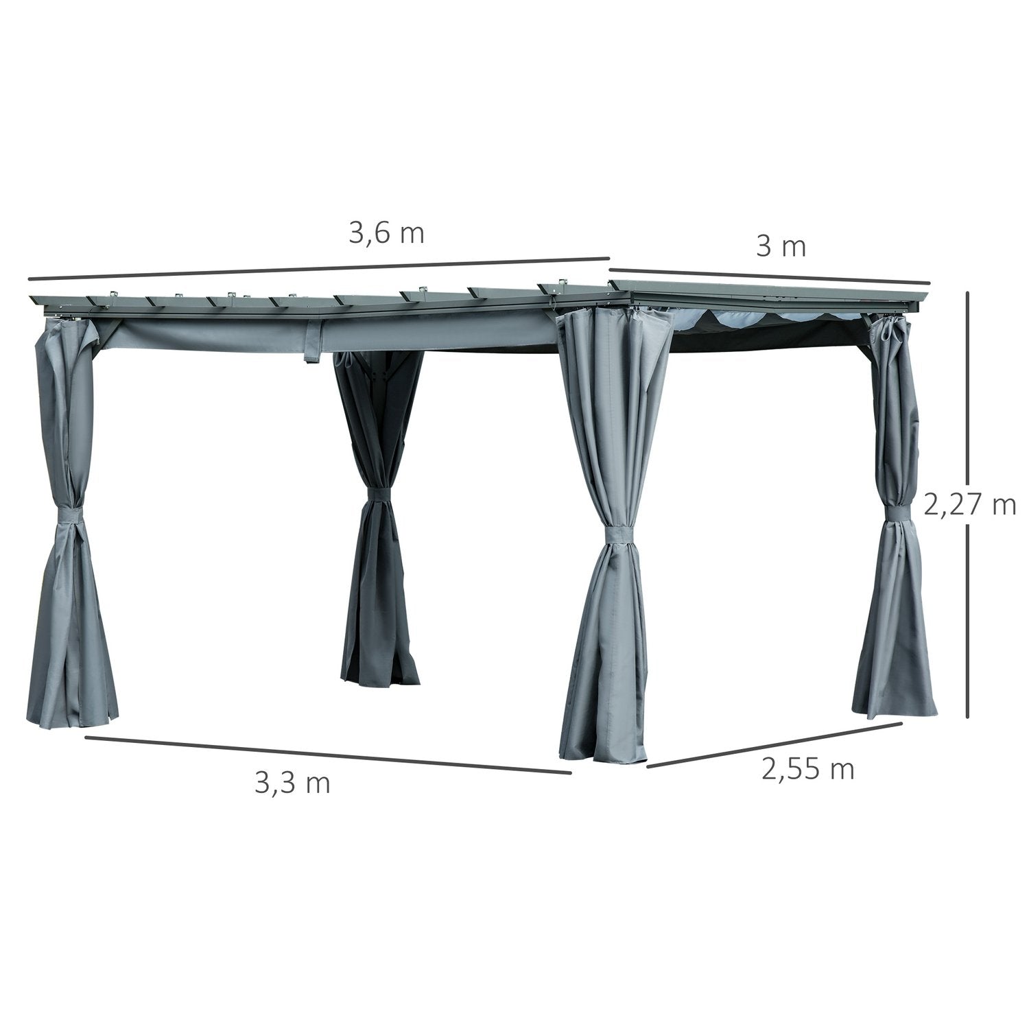 Pergola lysthus med justerbart stofftak, værbestandig, 3,6X3X2,27M, stål, grå