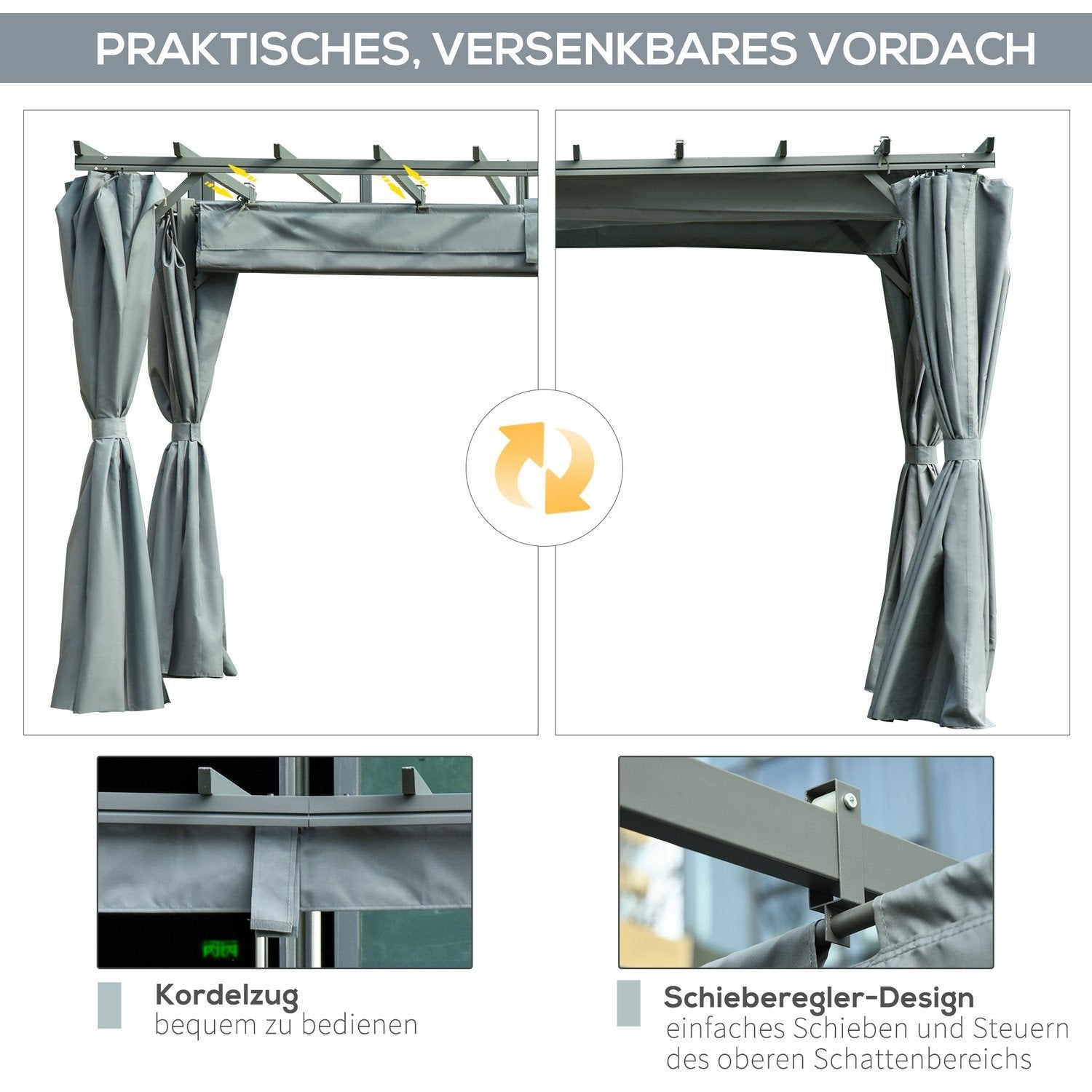 Pergola lysthus med justerbart stofftak, værbestandig, 3,6X3X2,27M, stål, grå