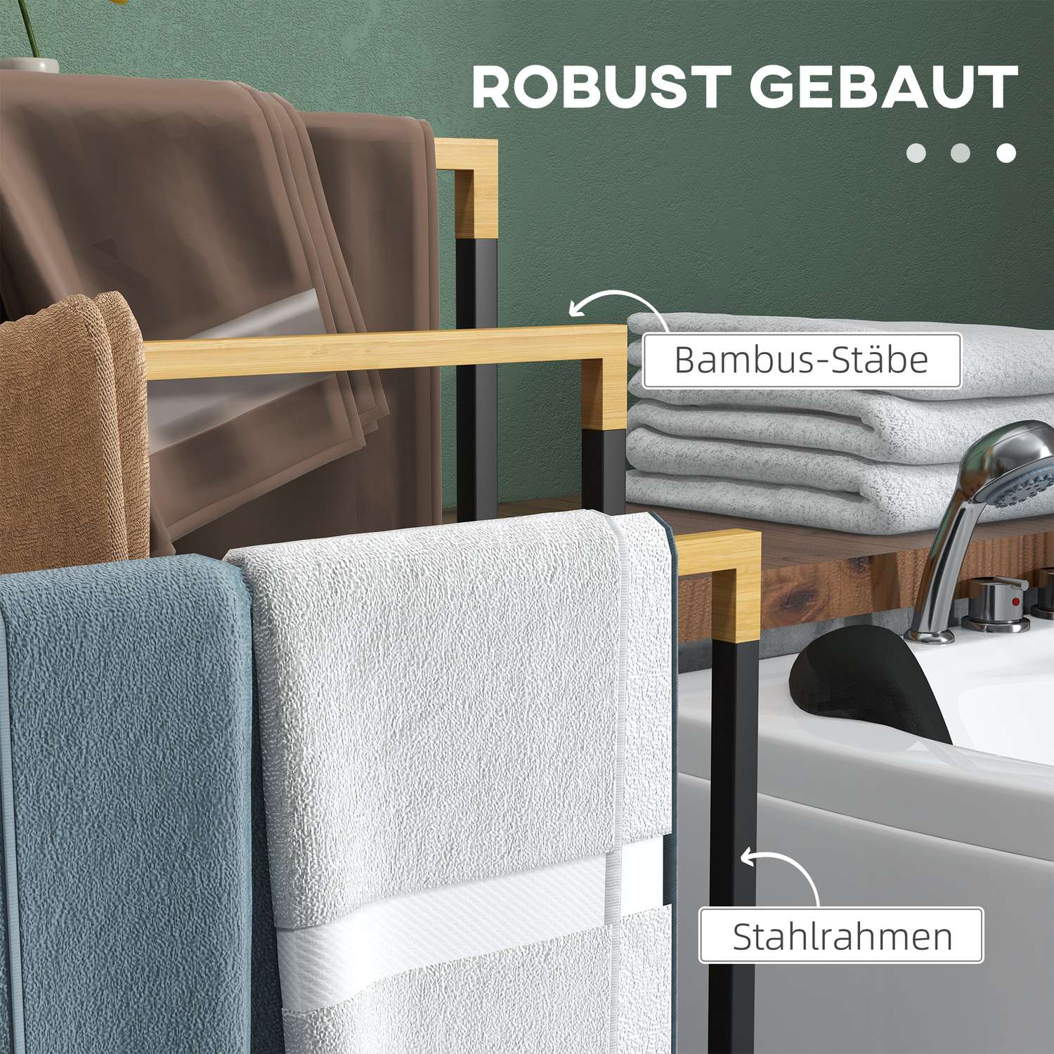 Svart 3-bars handduksställ – stål- och bambuhållare