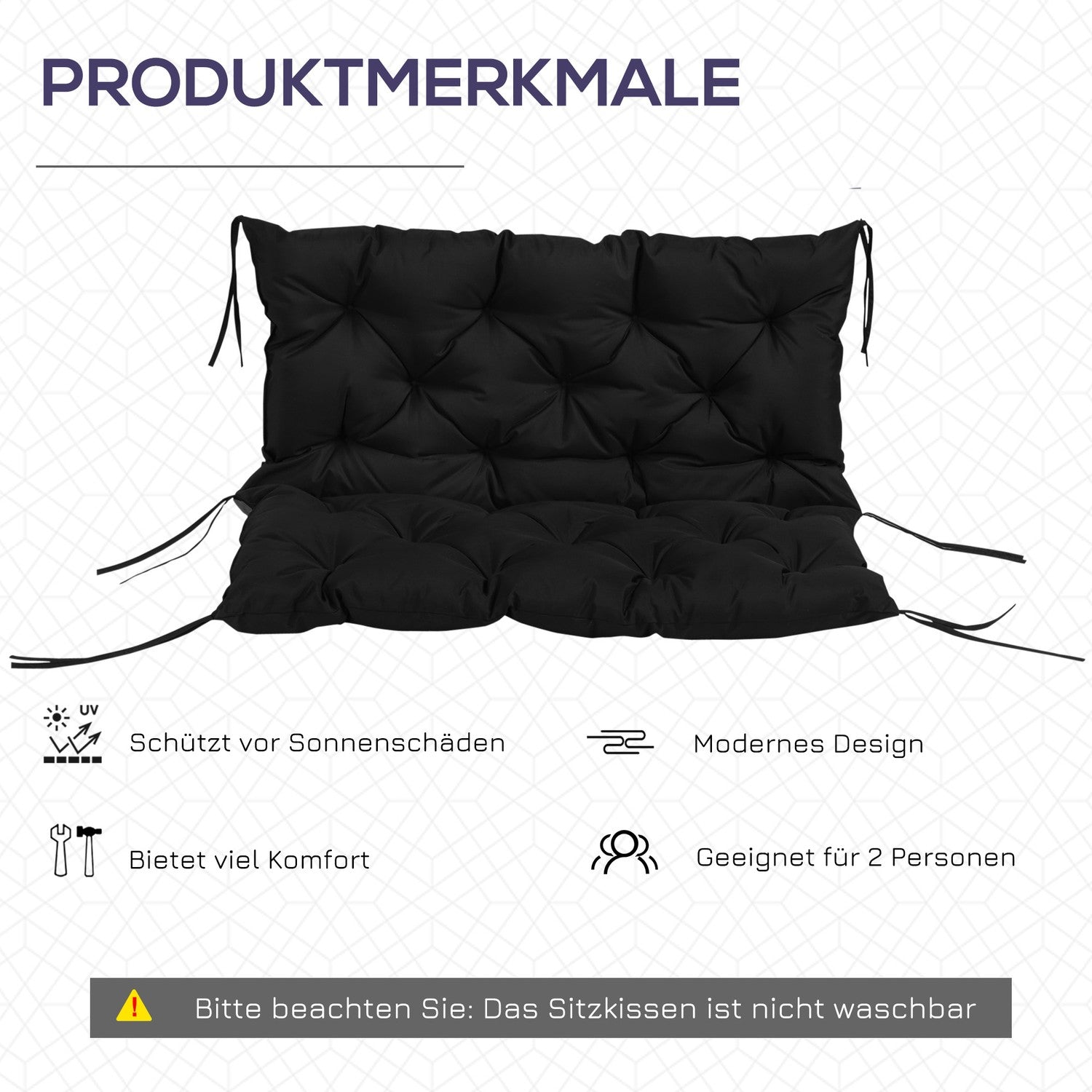 Svart 3-sits bänkkudde med remmar – 100x98x8 cm