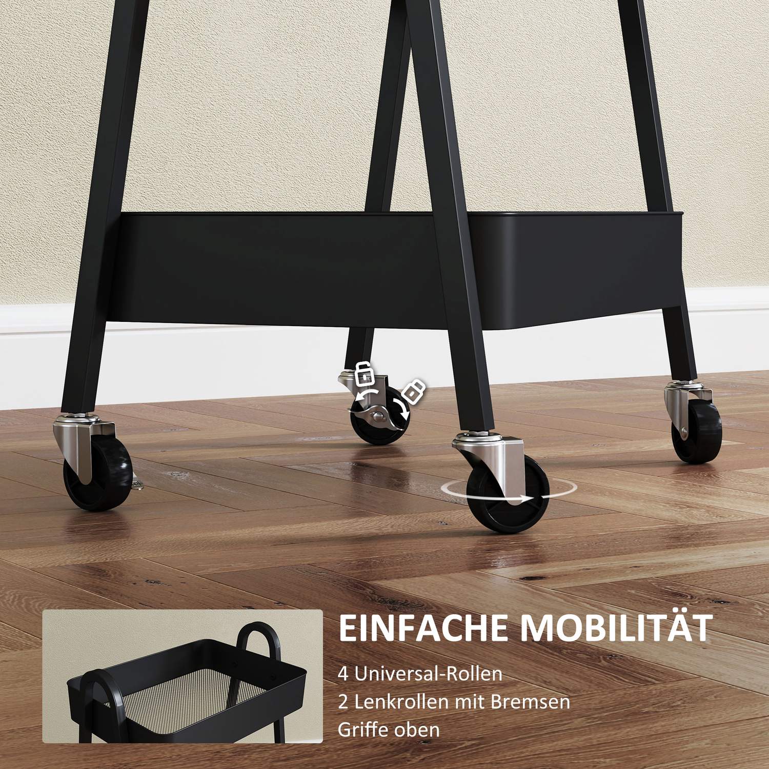 Svart 3-vånings köksvagn med hjul och broms