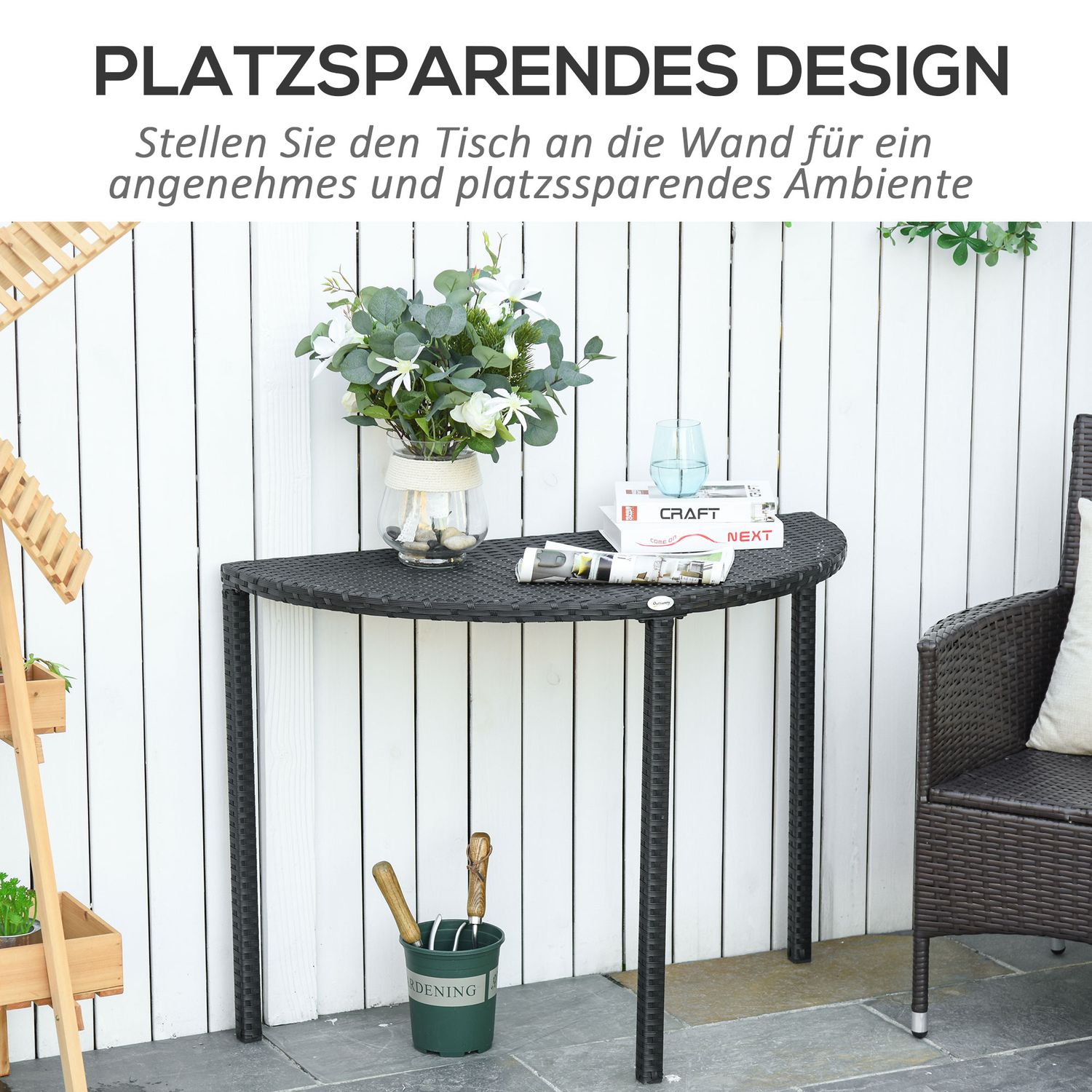 Svart Polyrattan Halvrundt Balkongbord, 100x50x74 Cm