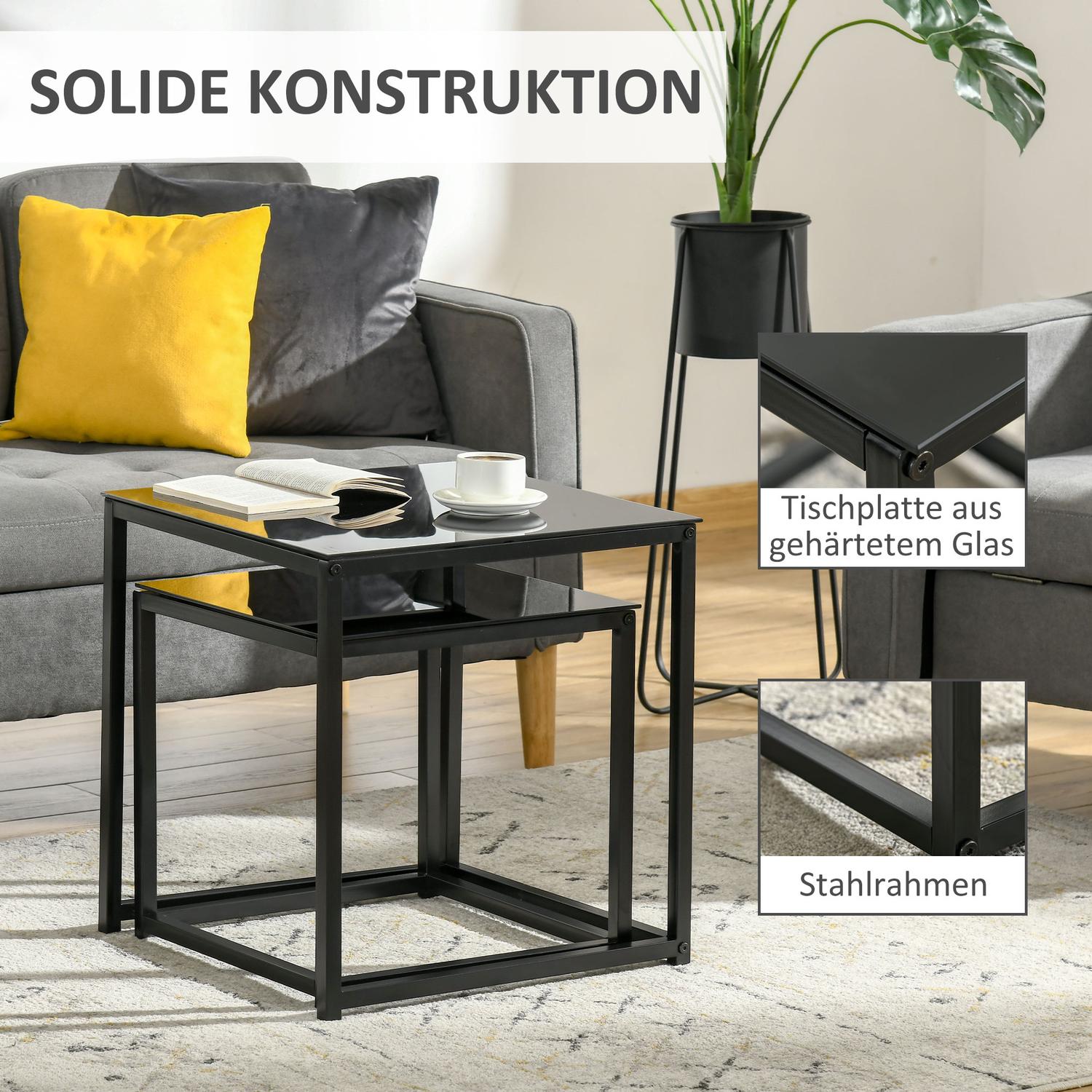 Svart häckande soffbordsset – Glasskiva, stålram