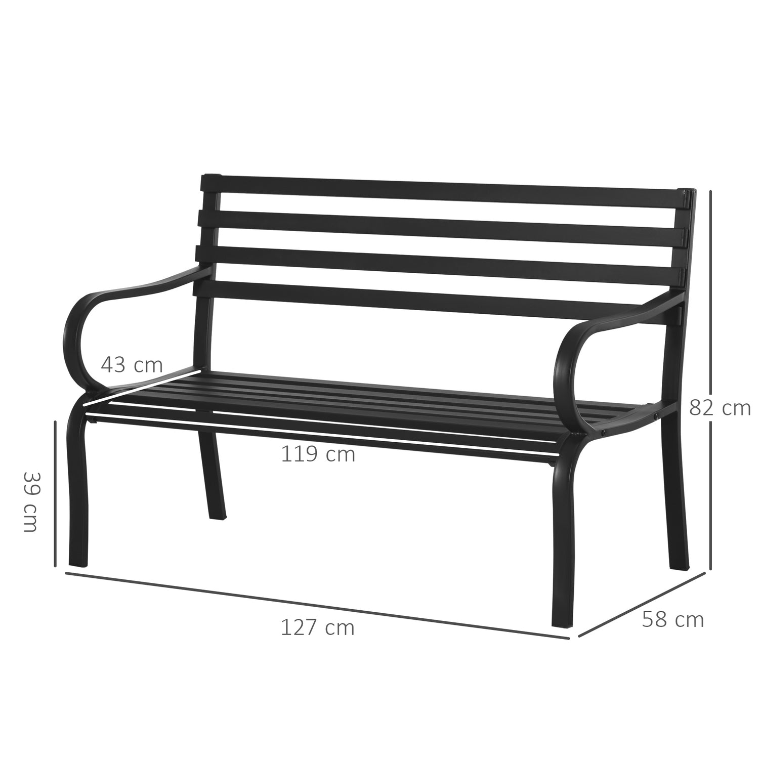 Svart metall 2-sits trädgårdsbänk – 127 x 58 x 82 cm