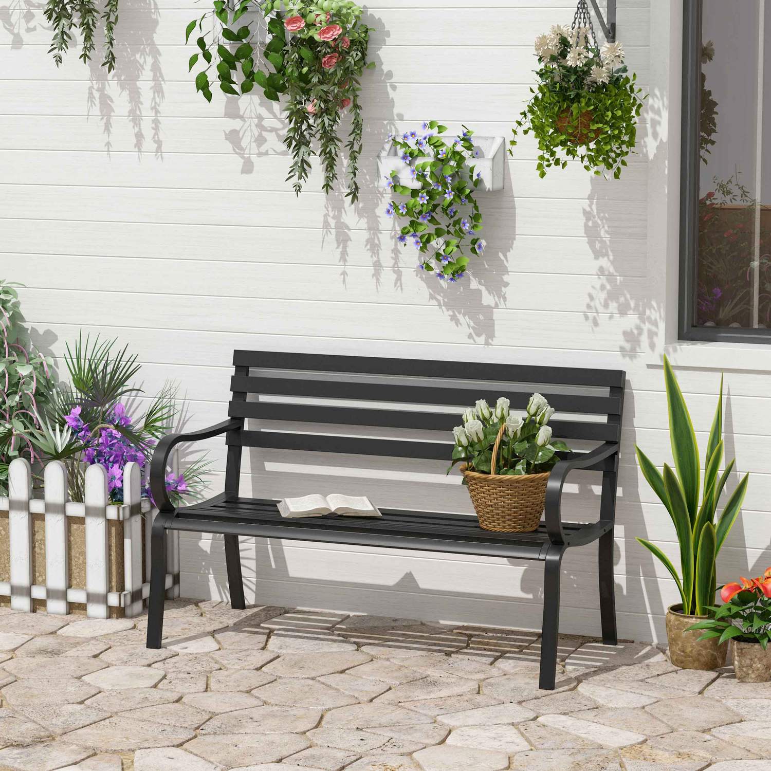Svart metall 2-sits trädgårdsbänk – 127 x 58 x 82 cm
