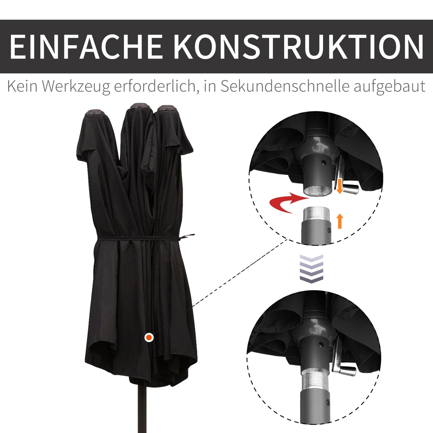 Svart ovalt trädgårdsparasollparasoll, dubbla kapell, handvev