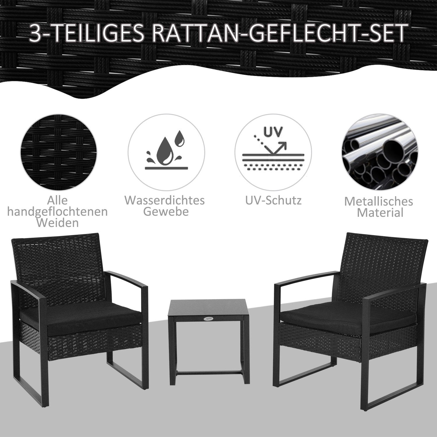 Svart polyrattan balkongmöbelset med kuddar för 2