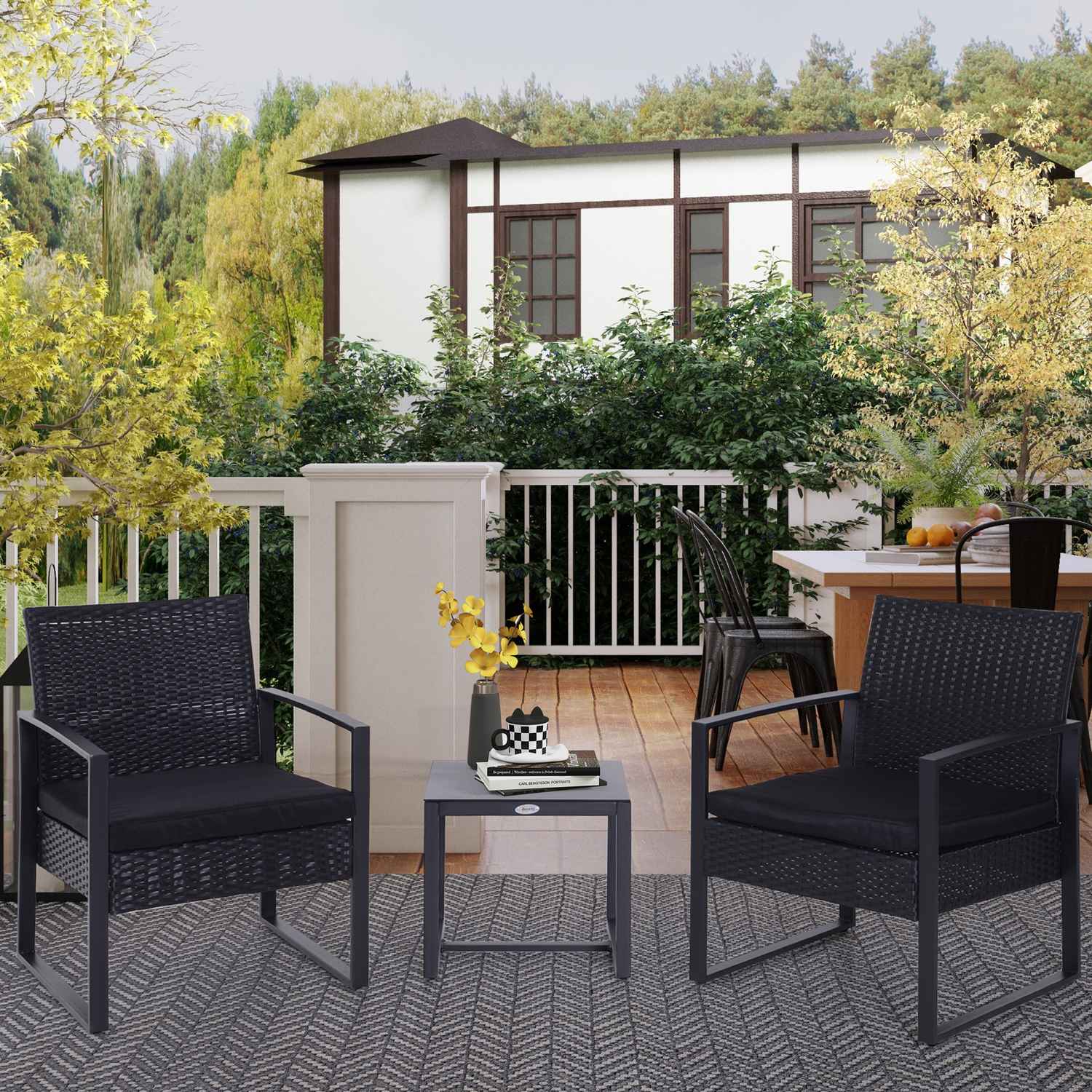 Svart polyrattan balkongmöbelset med kuddar för 2