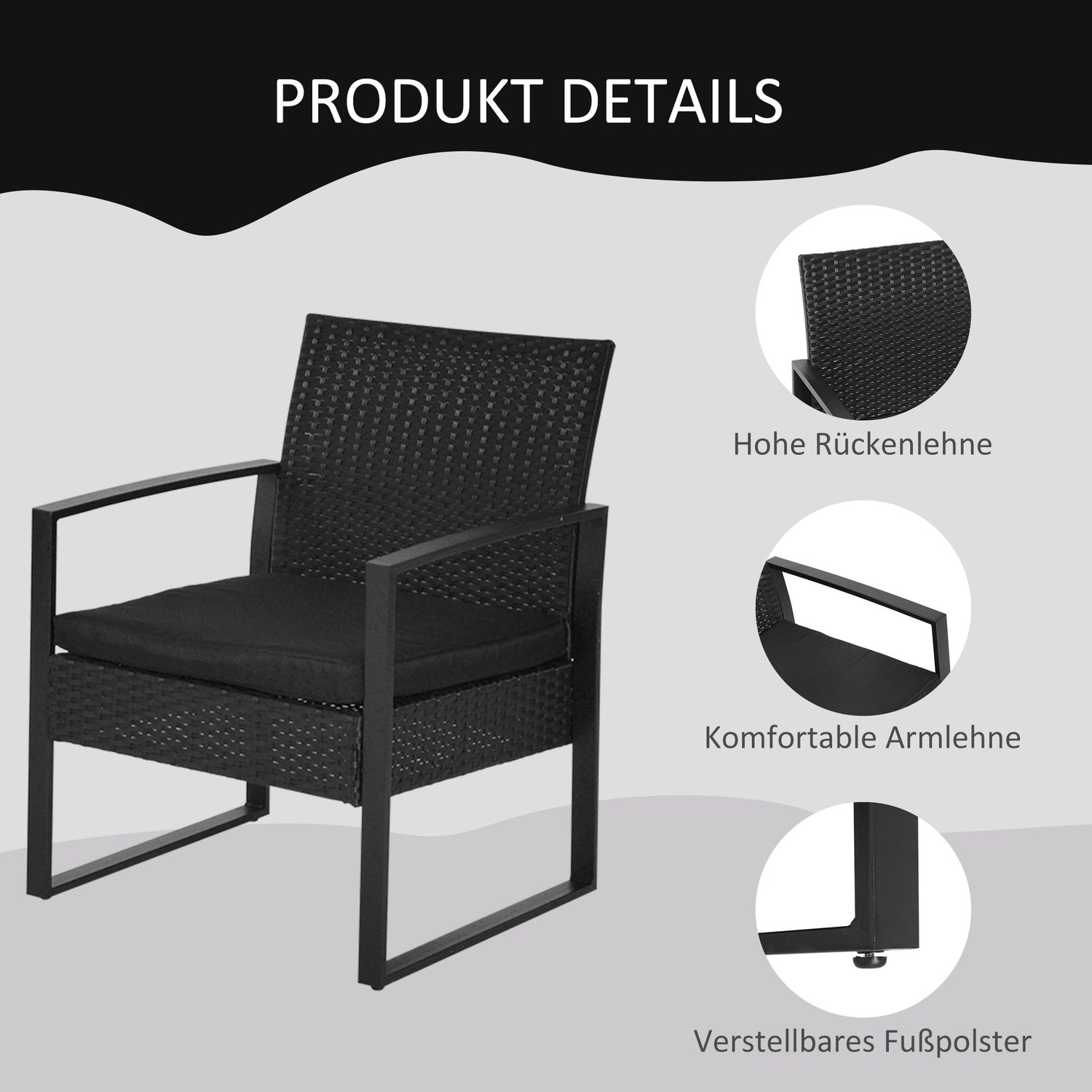 Svart polyrattan balkongmöbelset med kuddar för 2