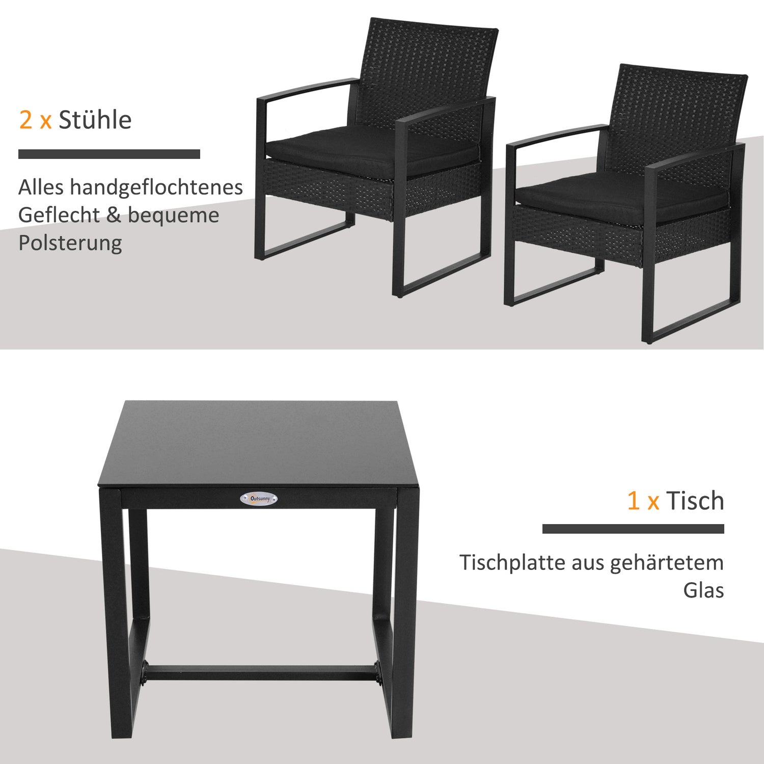 Svart polyrattan balkongmöbelset med kuddar för 2
