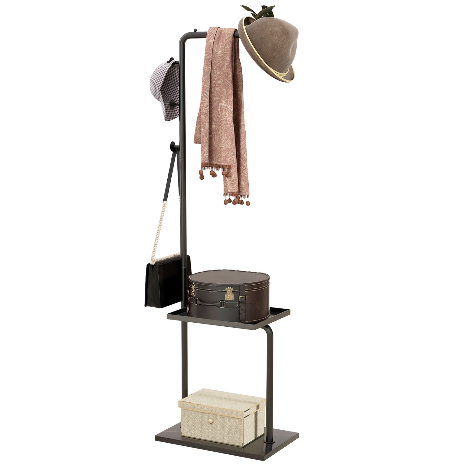 Svart rock & hatthylla med krokar och bricka – 148 cm