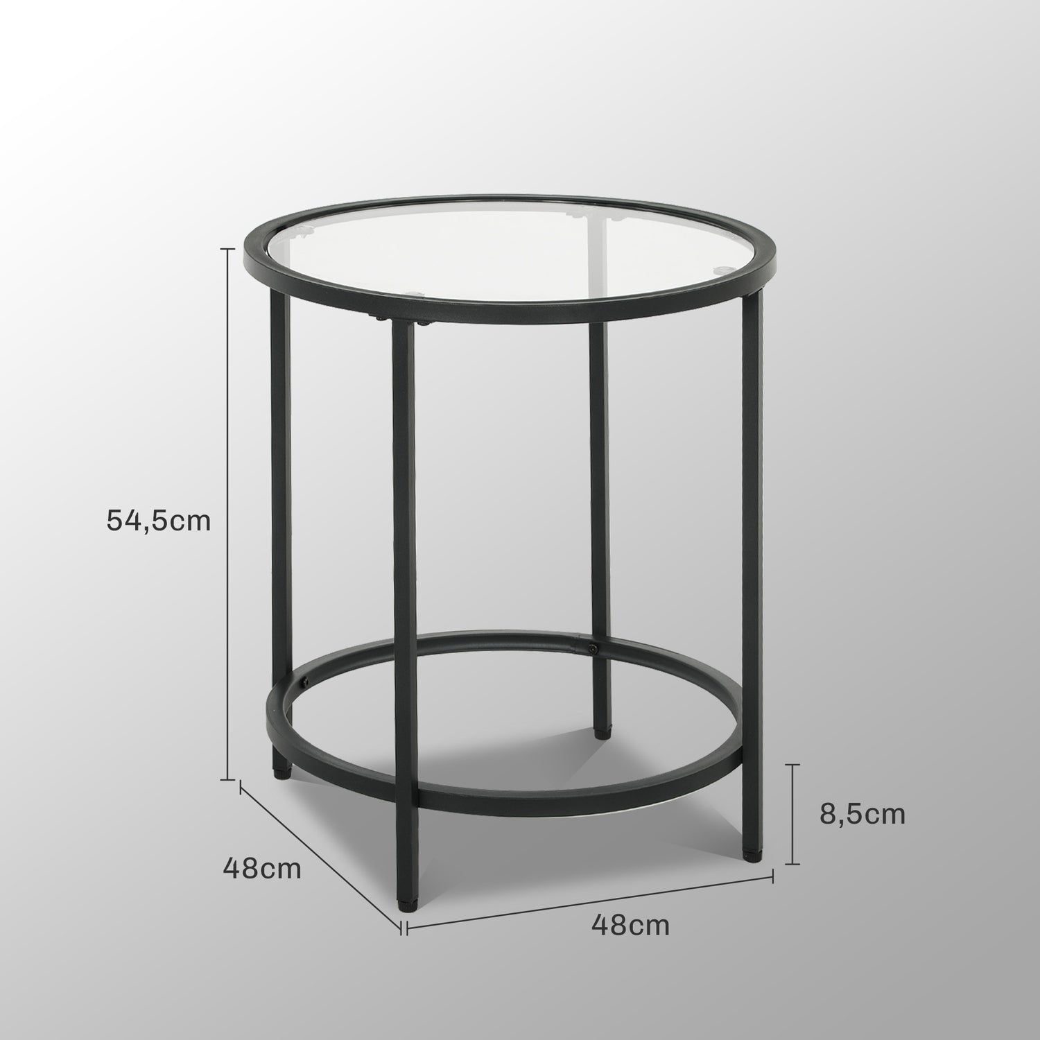 Svart runt sidobord – Glasskiva, metallstomme, Ø48 x 54,7 cm