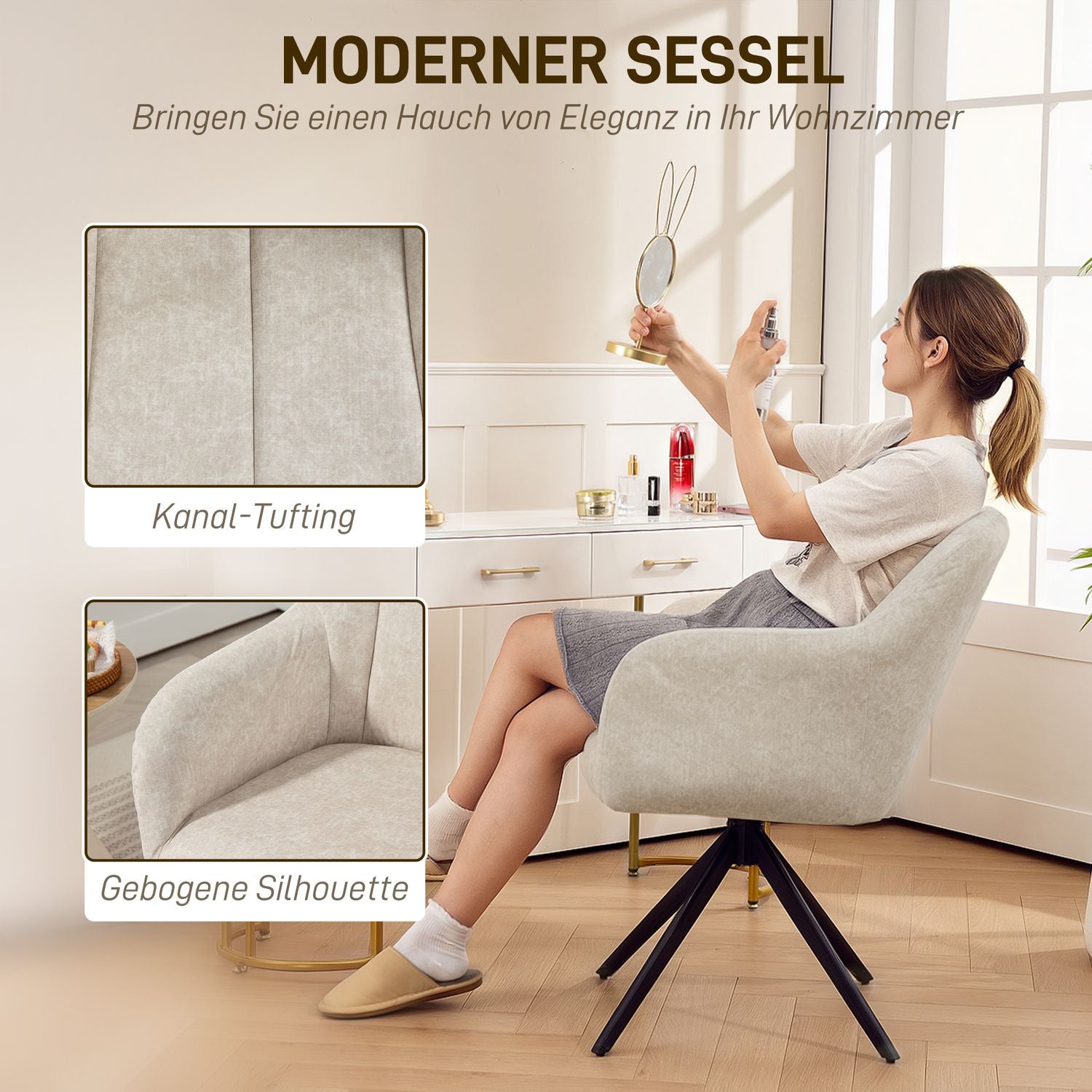 Swivel Accent Stol, Tygklädsel, Stålben, Beige