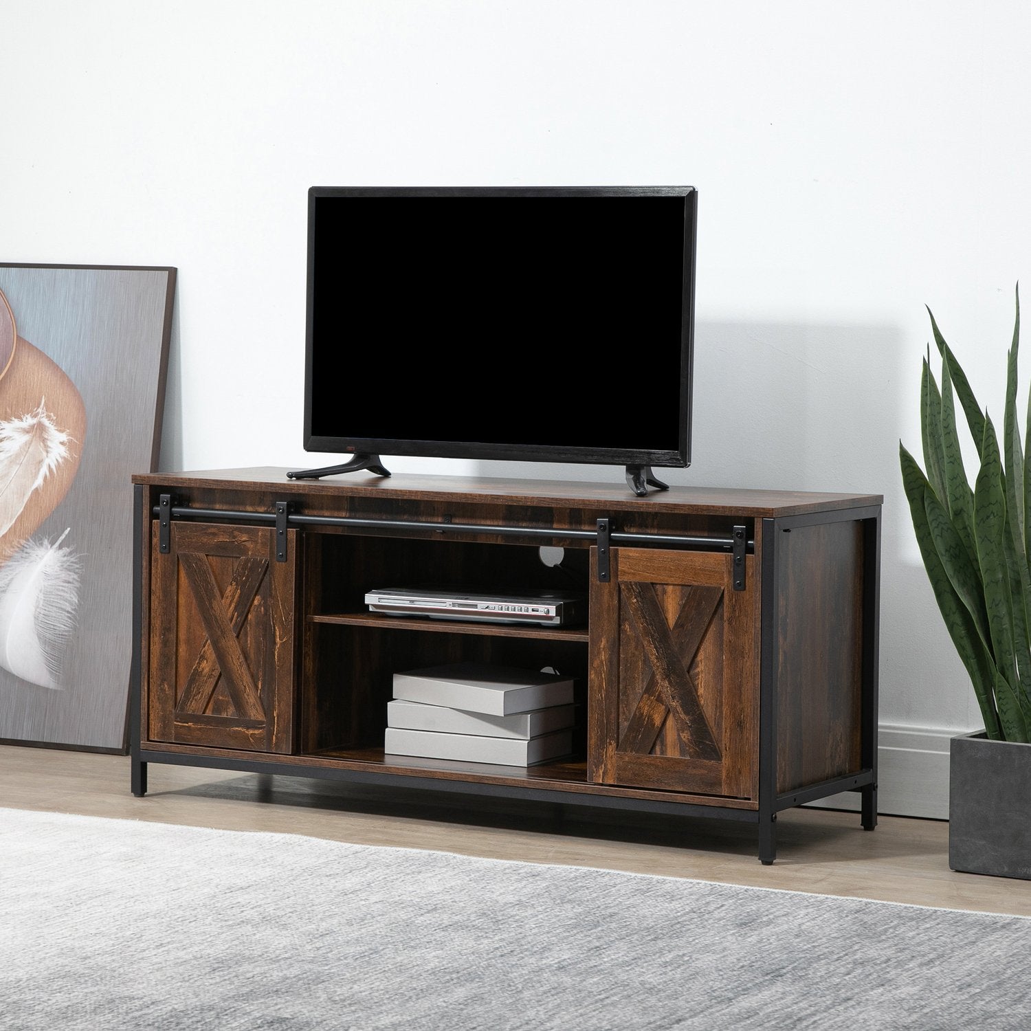 TV-bänk för 60"-skärmar, industriell design, spån och stål