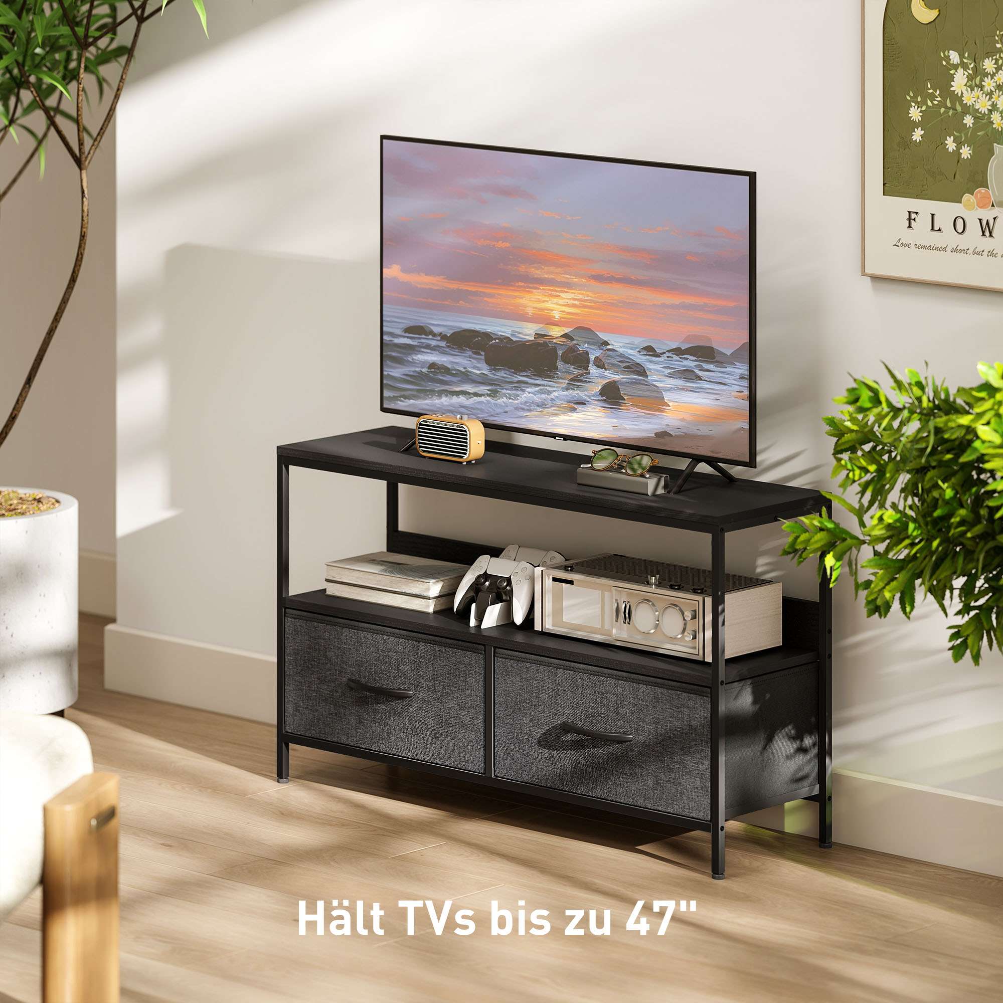 TV-bänk med 2 lådor, öppen hylla, passar upp till 47" TV