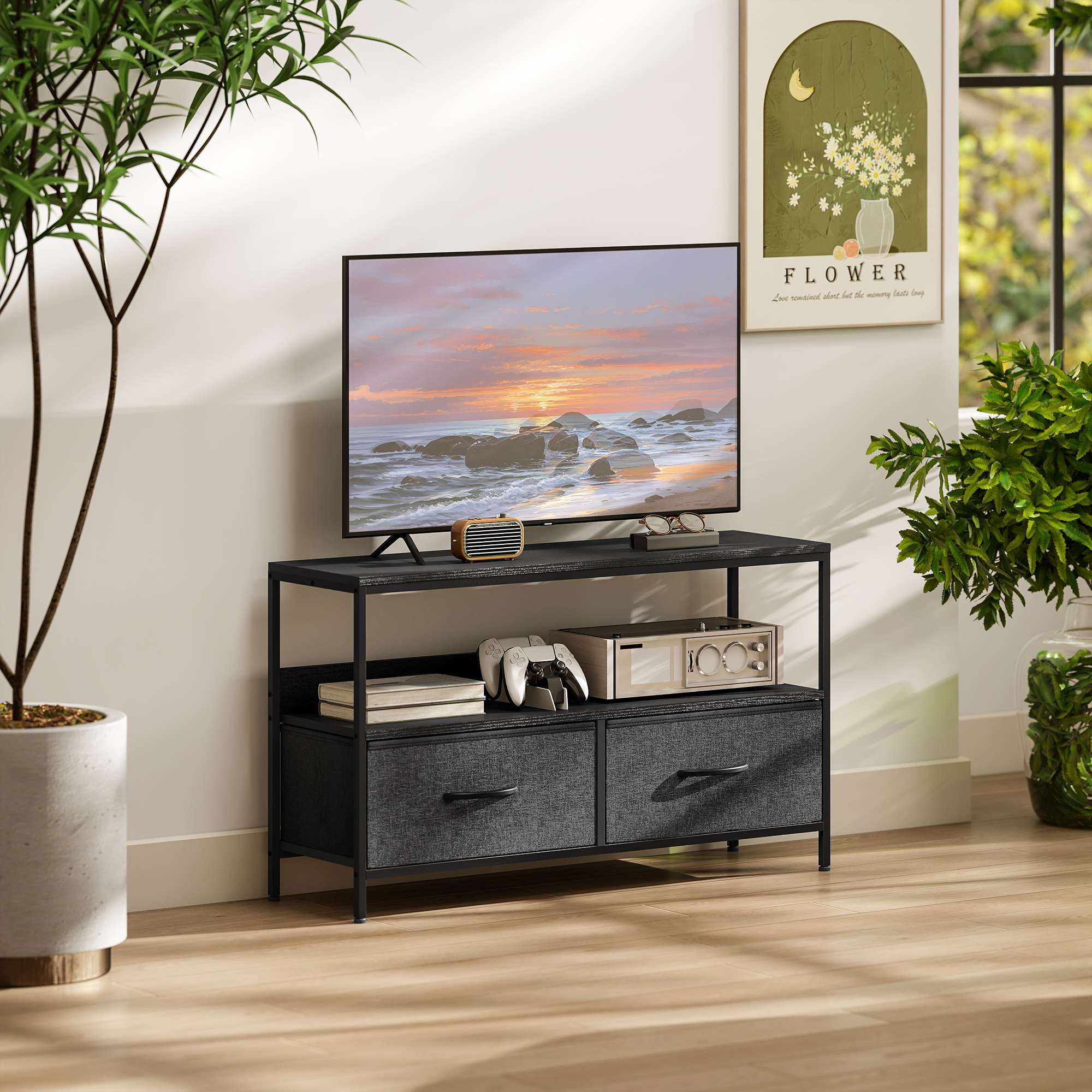 TV-bänk med 2 lådor, öppen hylla, passar upp till 47" TV