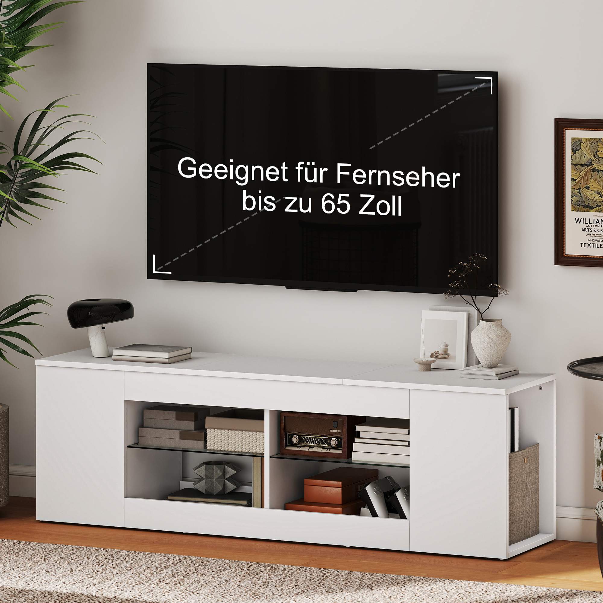 TV-bänk med 6 hyllor, 2 glashyllor, 140 cm, vit