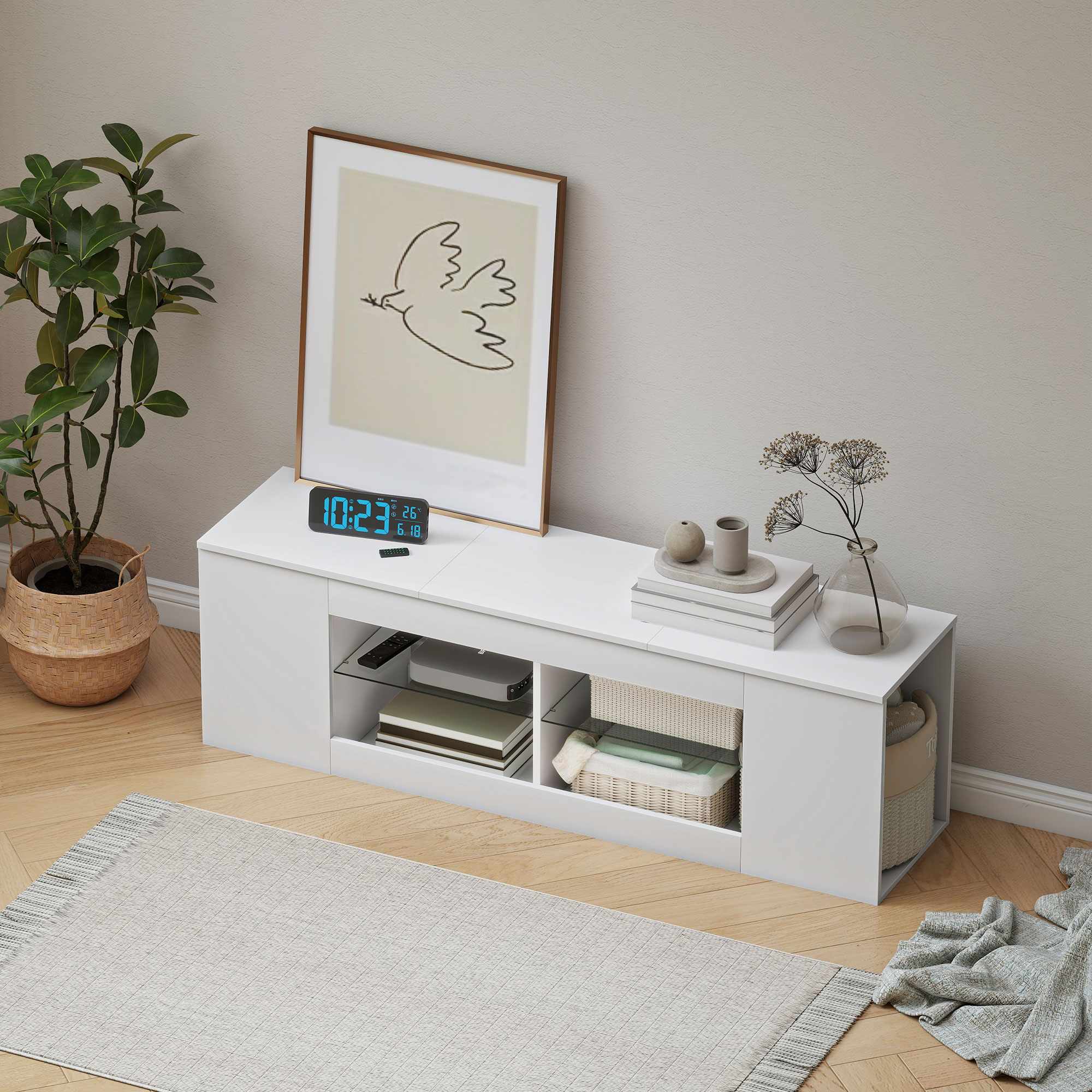 TV-bänk med 6 hyllor, 2 glashyllor, 140 cm, vit