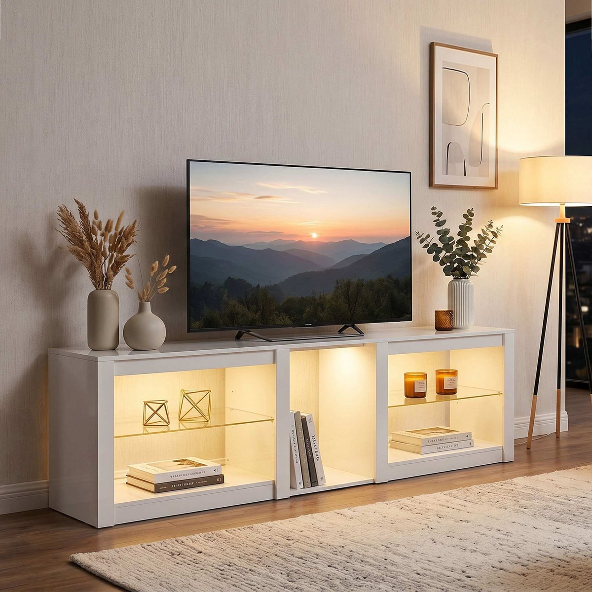TV-benk med RGB LED-lys, høyglanset hvit, 160 cm