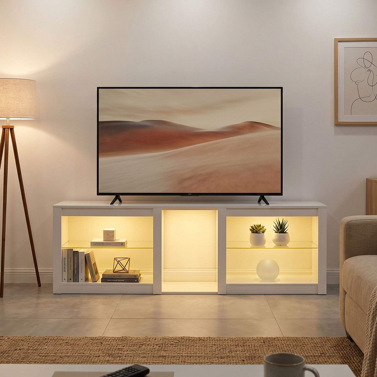 TV-benk med RGB LED-lys, høyglanset hvit, 160 cm