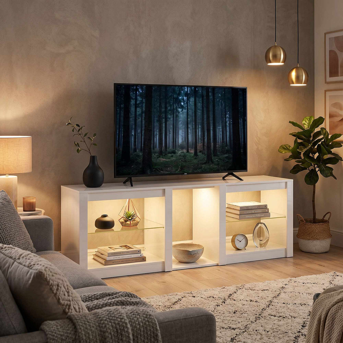TV-benk med RGB LED-lys, høyglanset hvit, 160 cm